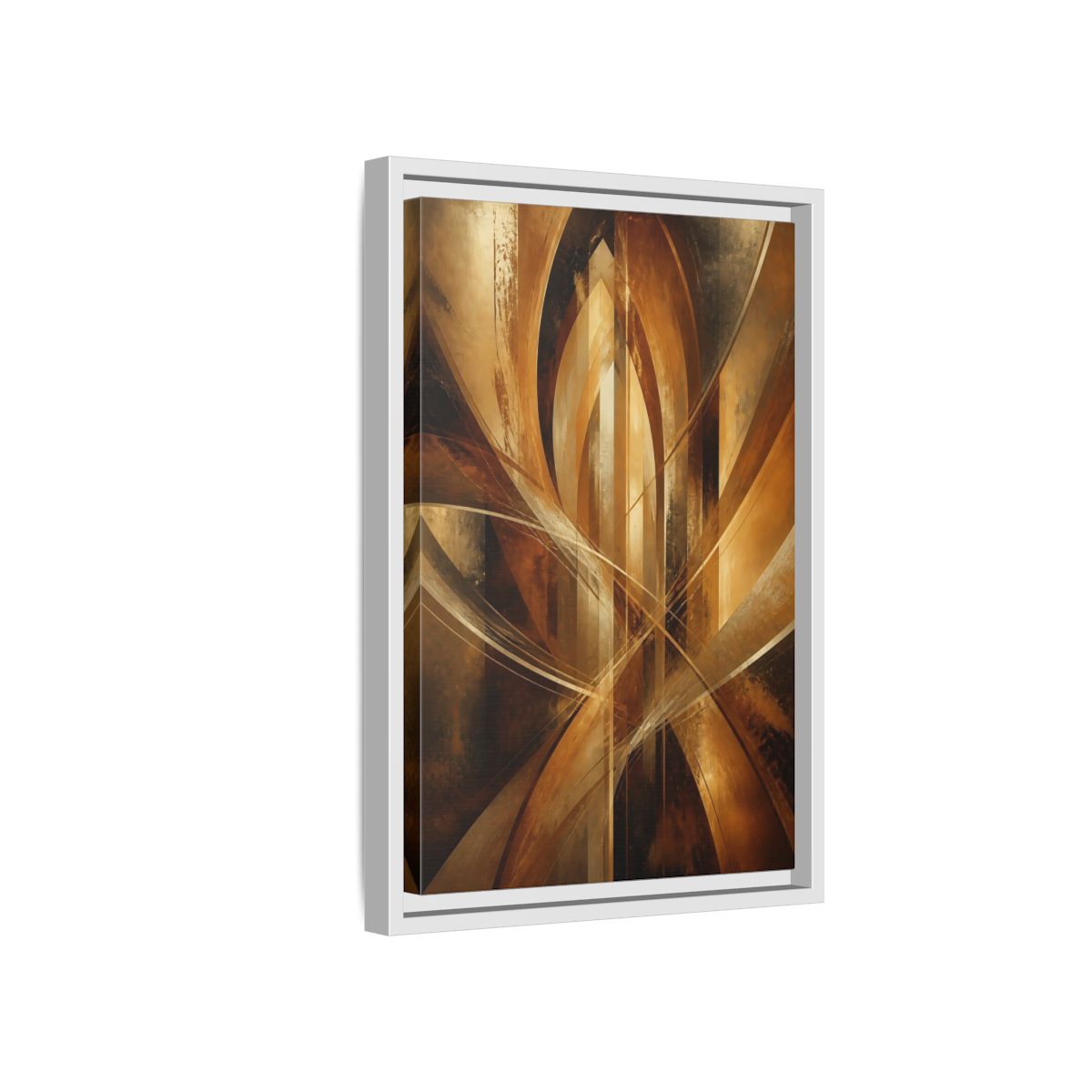 Side Mockup 4. Abstract Geometric Abstract Gold And Brown Abstract shown as stretched canvas wall art