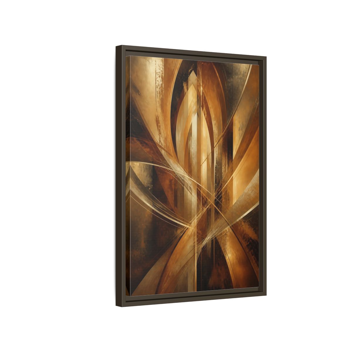 Side Mockup 2. Abstract Geometric Abstract Gold And Brown Abstract shown as stretched canvas wall art
