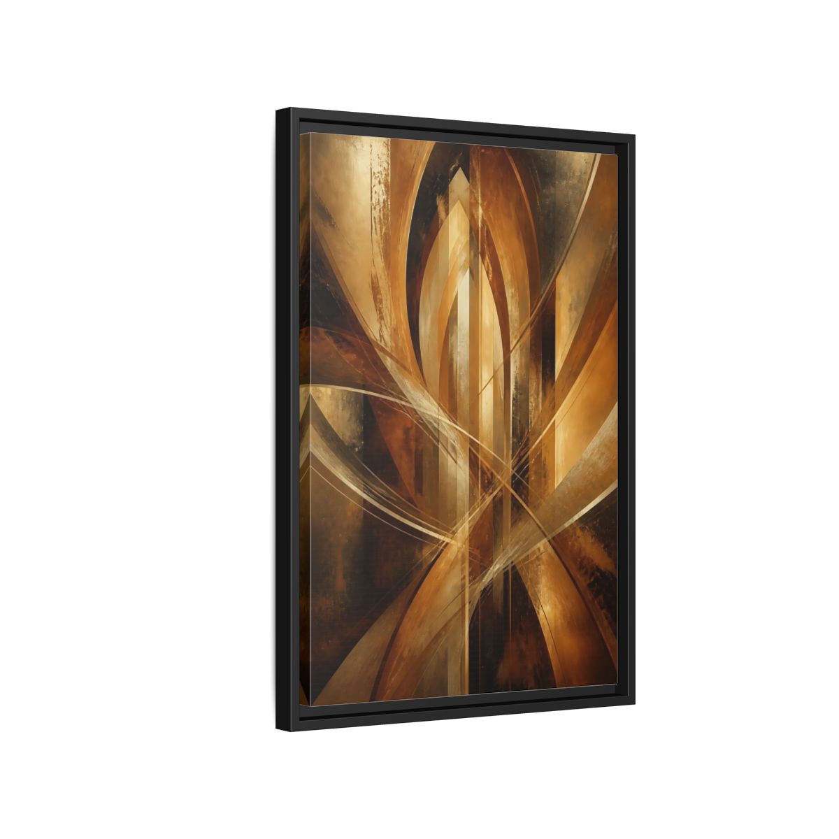 Side Mockup 3. Abstract Geometric Abstract Gold And Brown Abstract shown as stretched canvas wall art