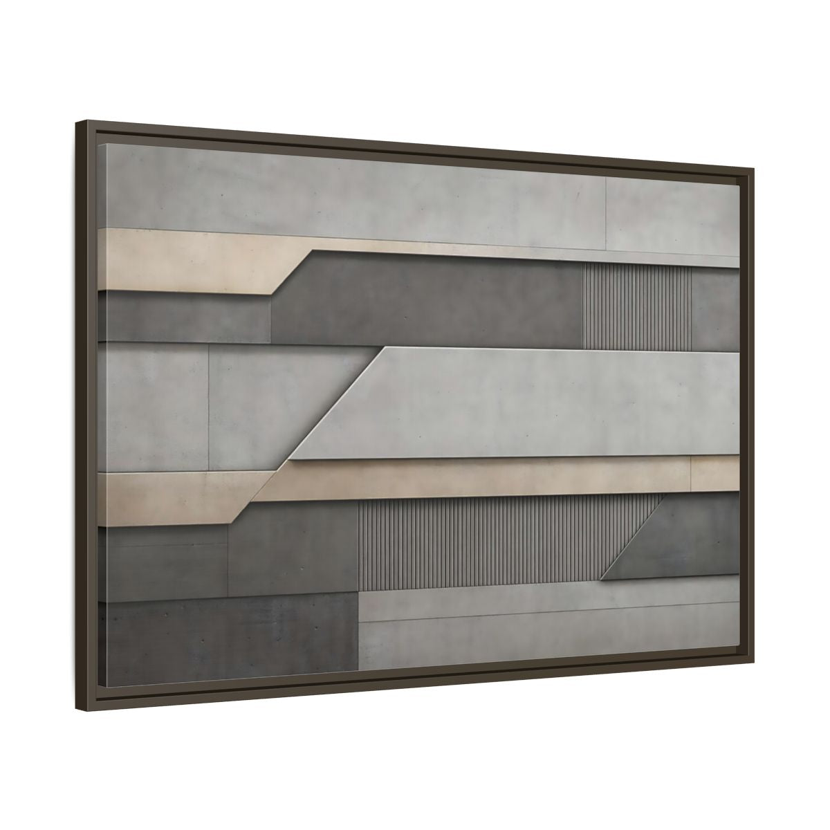 Main Mockup. Abstract Geometric Panels Grey And Beige shown as stretched canvas wall art