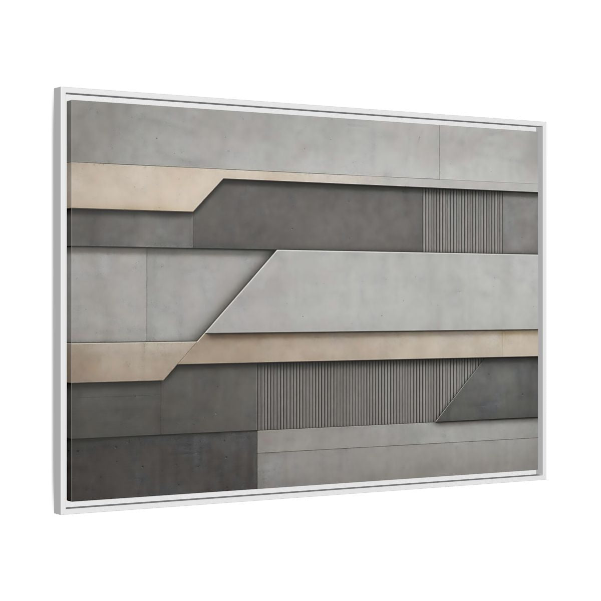 Side Mockup 7. Abstract Geometric Panels Grey And Beige shown as stretched canvas wall art