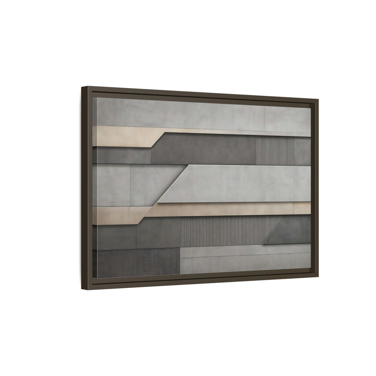 Side Mockup 2. Abstract Geometric Panels Grey And Beige shown as stretched canvas wall art