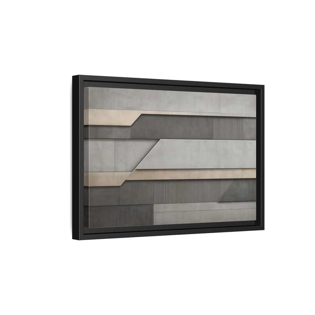 Side Mockup 6. Abstract Geometric Panels Grey And Beige shown as stretched canvas wall art