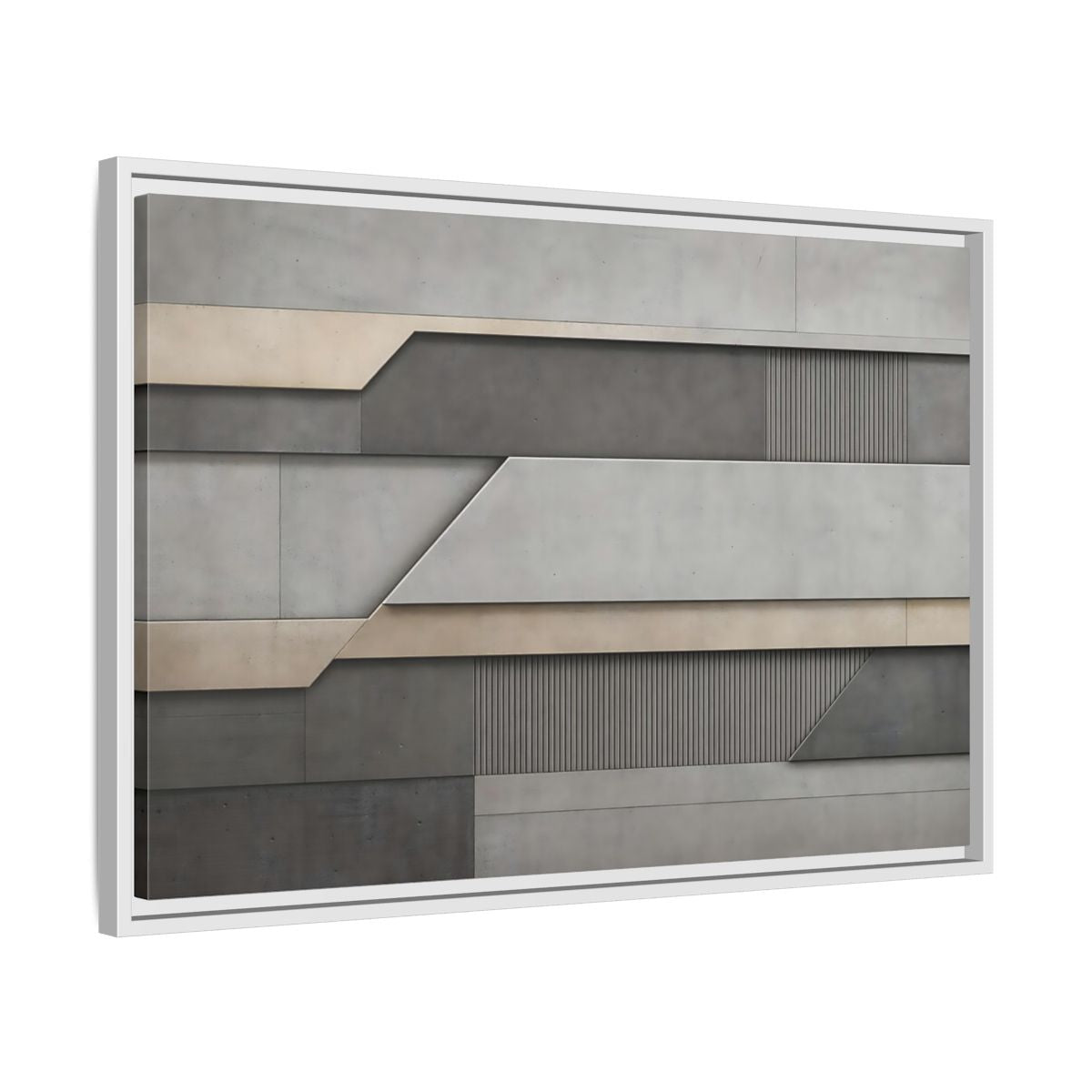 Side Mockup 10. Abstract Geometric Panels Grey And Beige shown as stretched canvas wall art