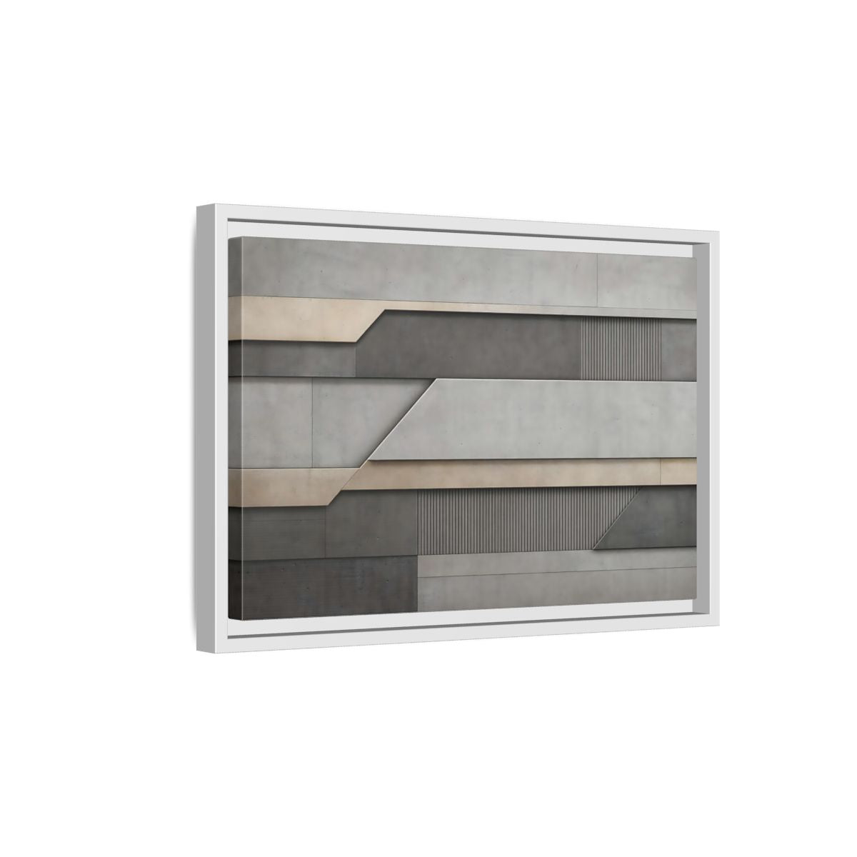 Side Mockup 4. Abstract Geometric Panels Grey And Beige shown as stretched canvas wall art