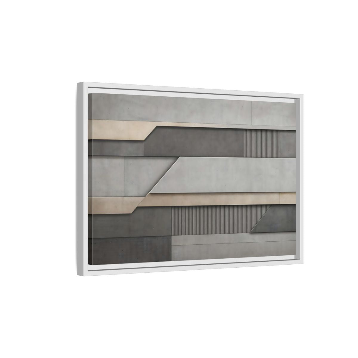Side Mockup 1. Abstract Geometric Panels Grey And Beige shown as stretched canvas wall art