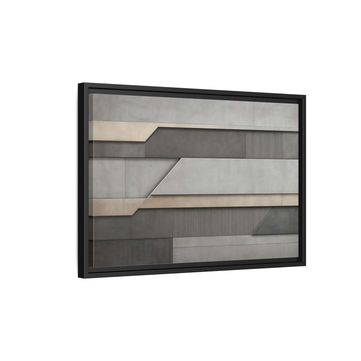 Side Mockup 3. Abstract Geometric Panels Grey And Beige shown as stretched canvas wall art