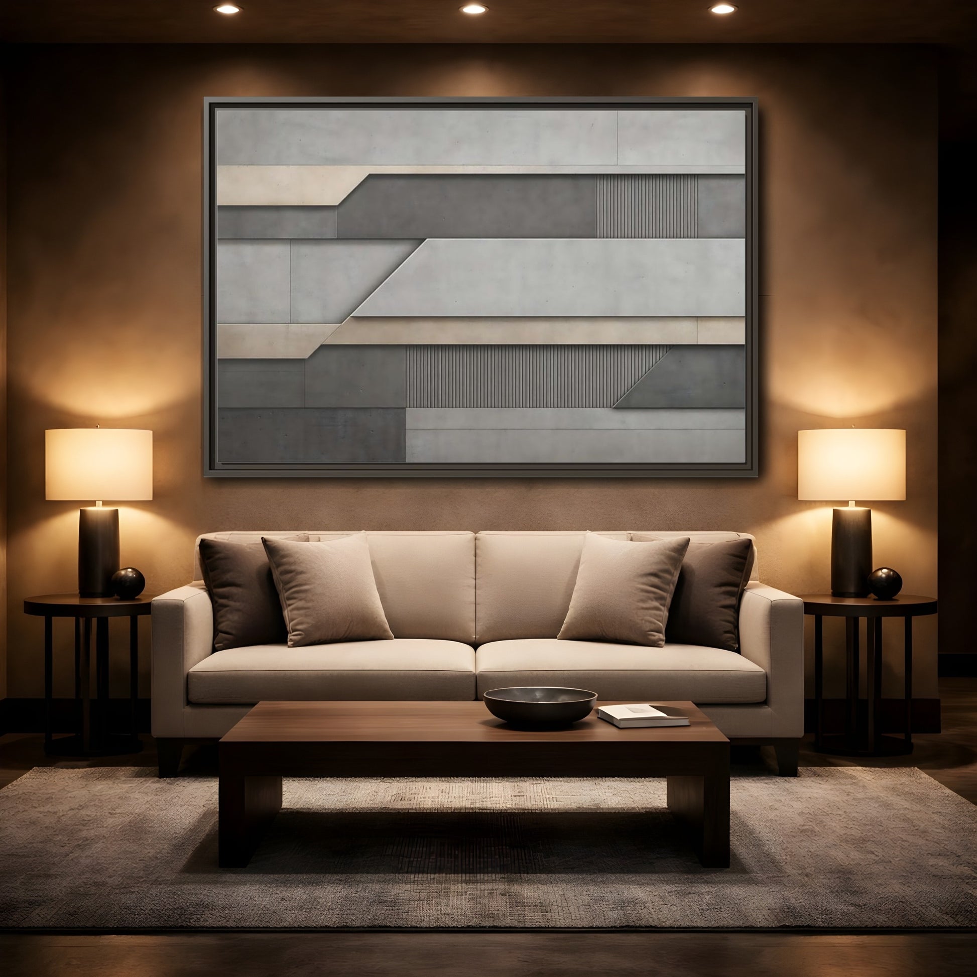 Mockup 2. Abstract Geometric Panels Grey And Beige shown as stretched canvas wall art