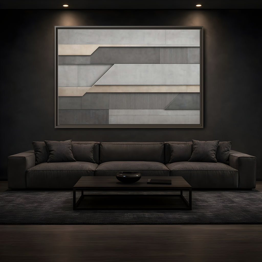 Mockup 3. Abstract Geometric Panels Grey And Beige shown as stretched canvas wall art