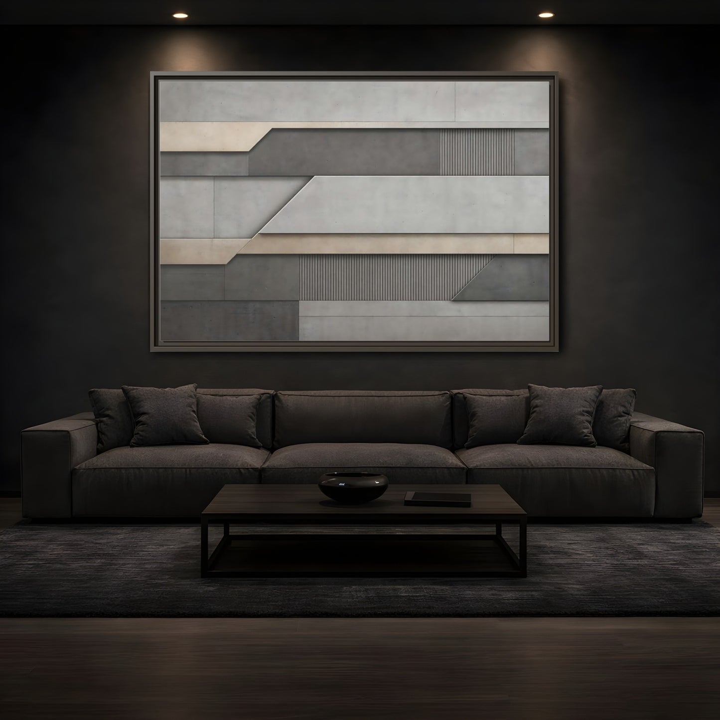 Mockup 3. Abstract Geometric Panels Grey And Beige shown as stretched canvas wall art