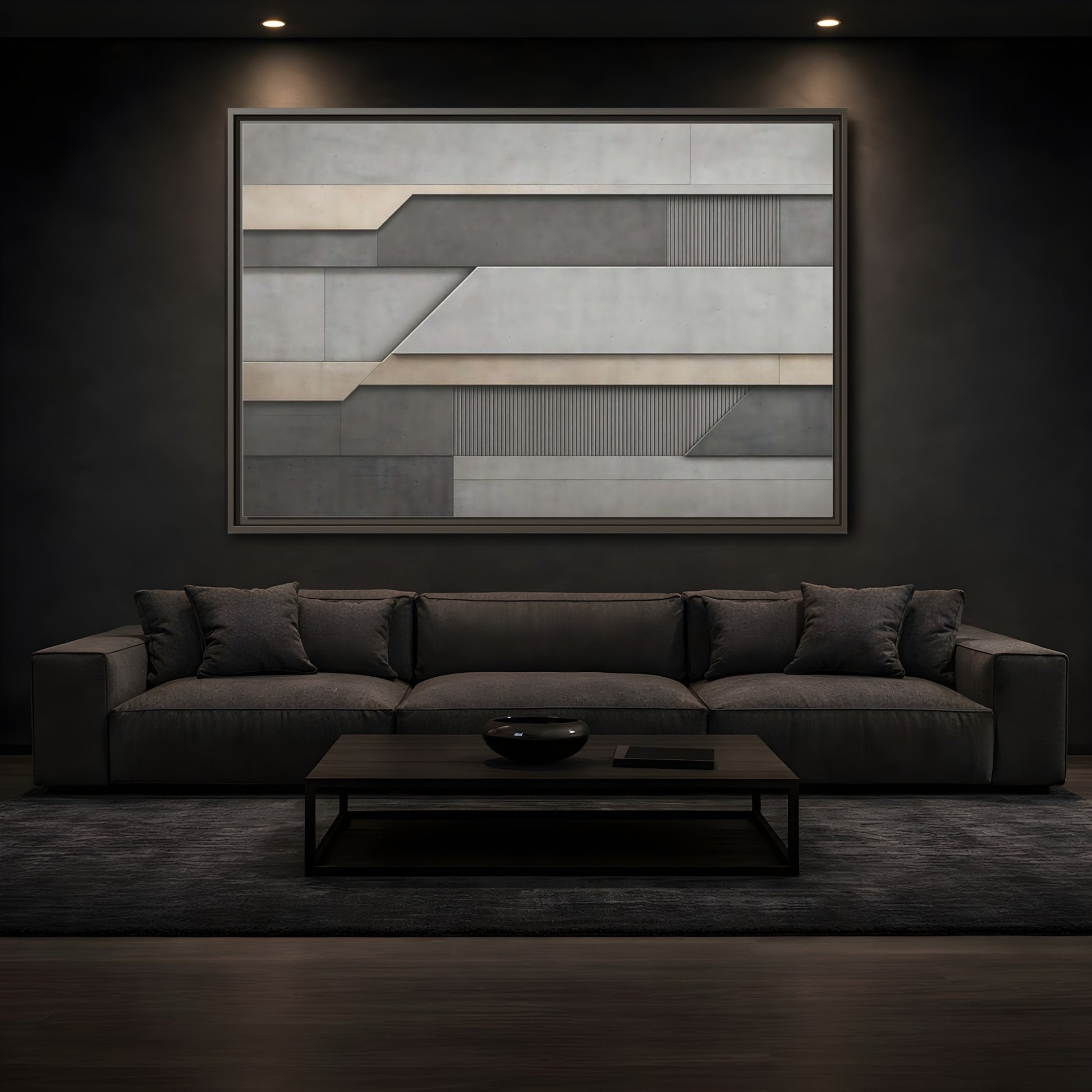 Mockup 3. Abstract Geometric Panels Grey And Beige shown as stretched canvas wall art
