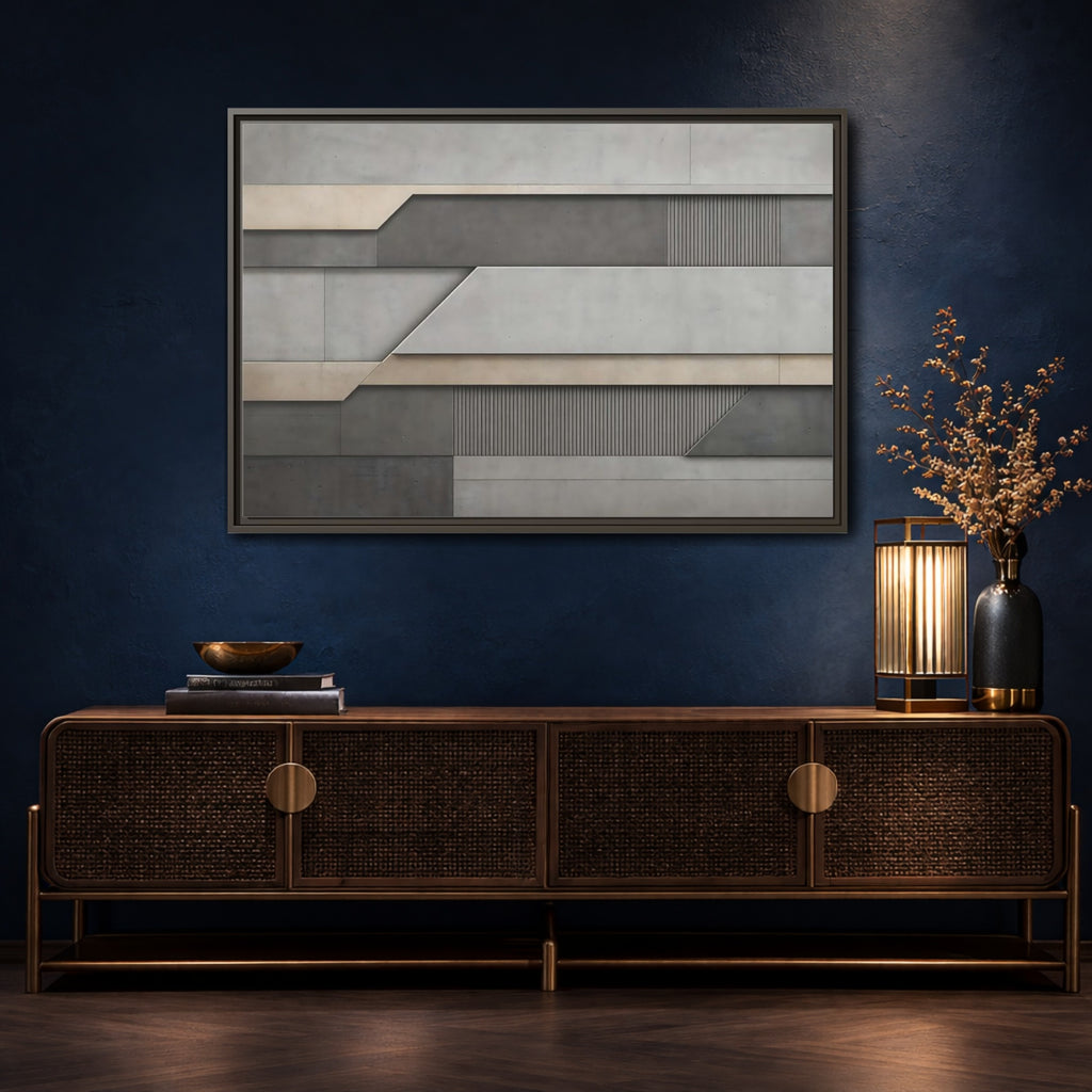 Mockup 4. Abstract Geometric Panels Grey And Beige shown as stretched canvas wall art