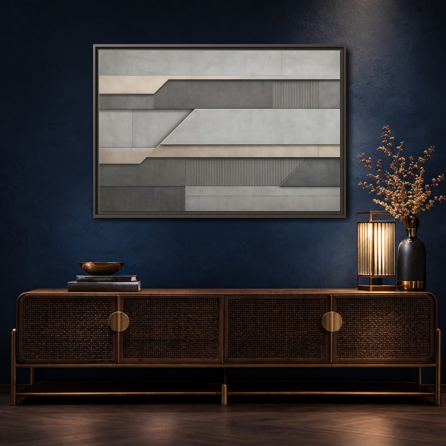 Mockup 4. Abstract Geometric Panels Grey And Beige shown as stretched canvas wall art