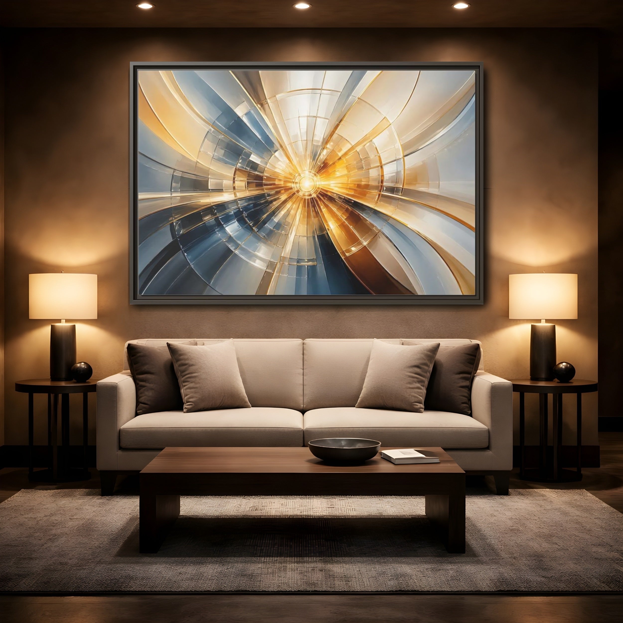 Mockup 2. Abstract Geometric Pattern Gold And Blue Abstract shown as stretched canvas wall art