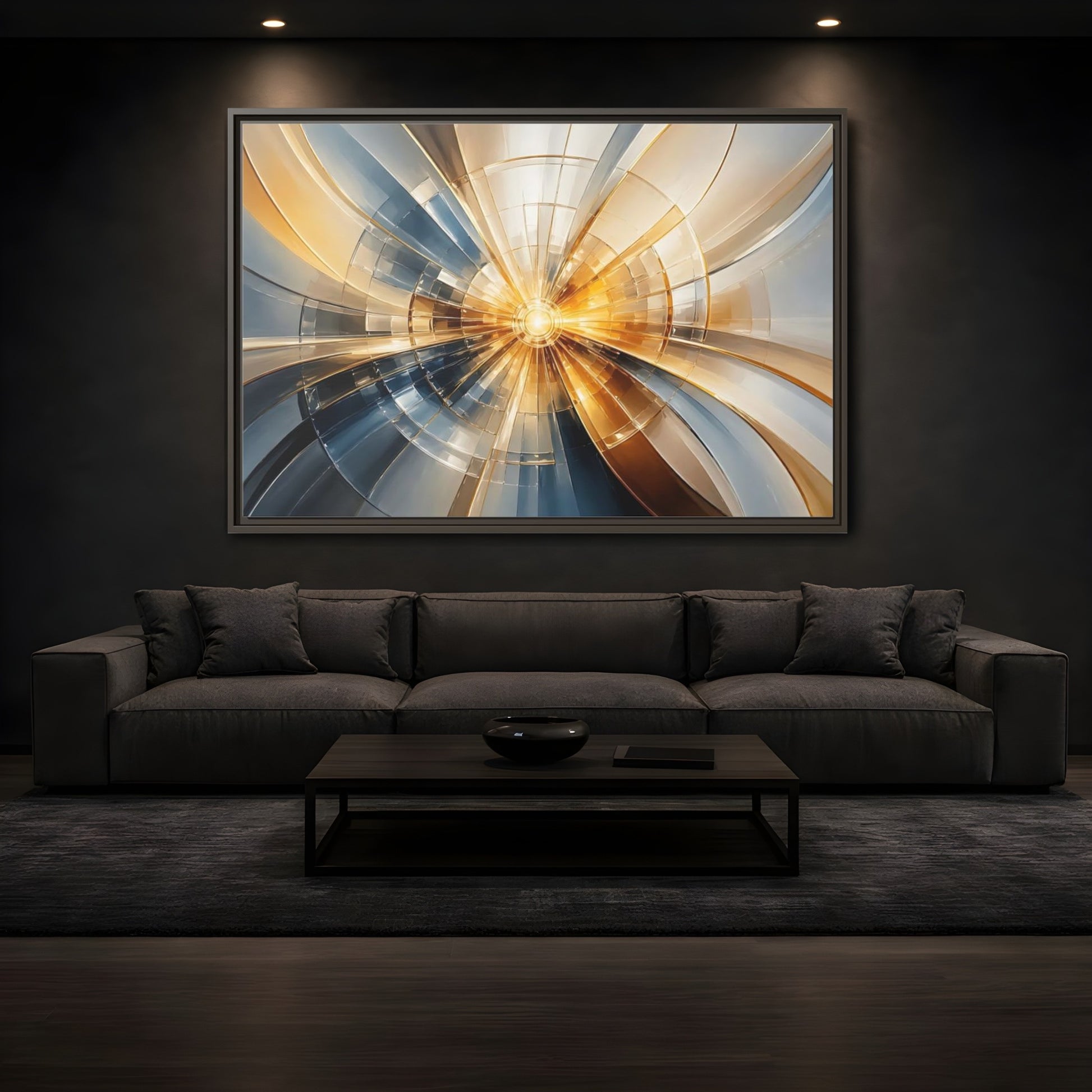 Mockup 3. Abstract Geometric Pattern Gold And Blue Abstract shown as stretched canvas wall art