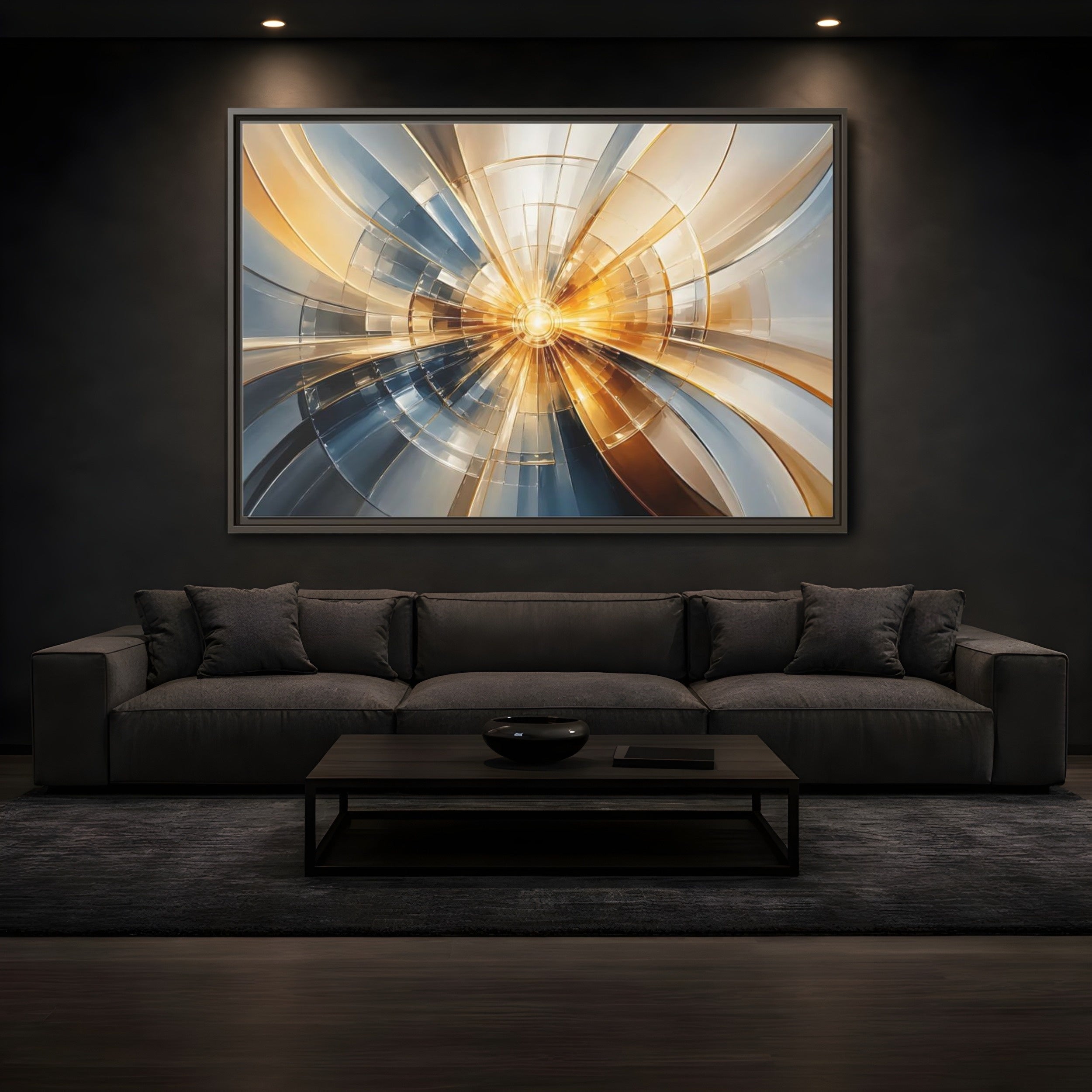 Mockup 3. Abstract Geometric Pattern Gold And Blue Abstract shown as stretched canvas wall art