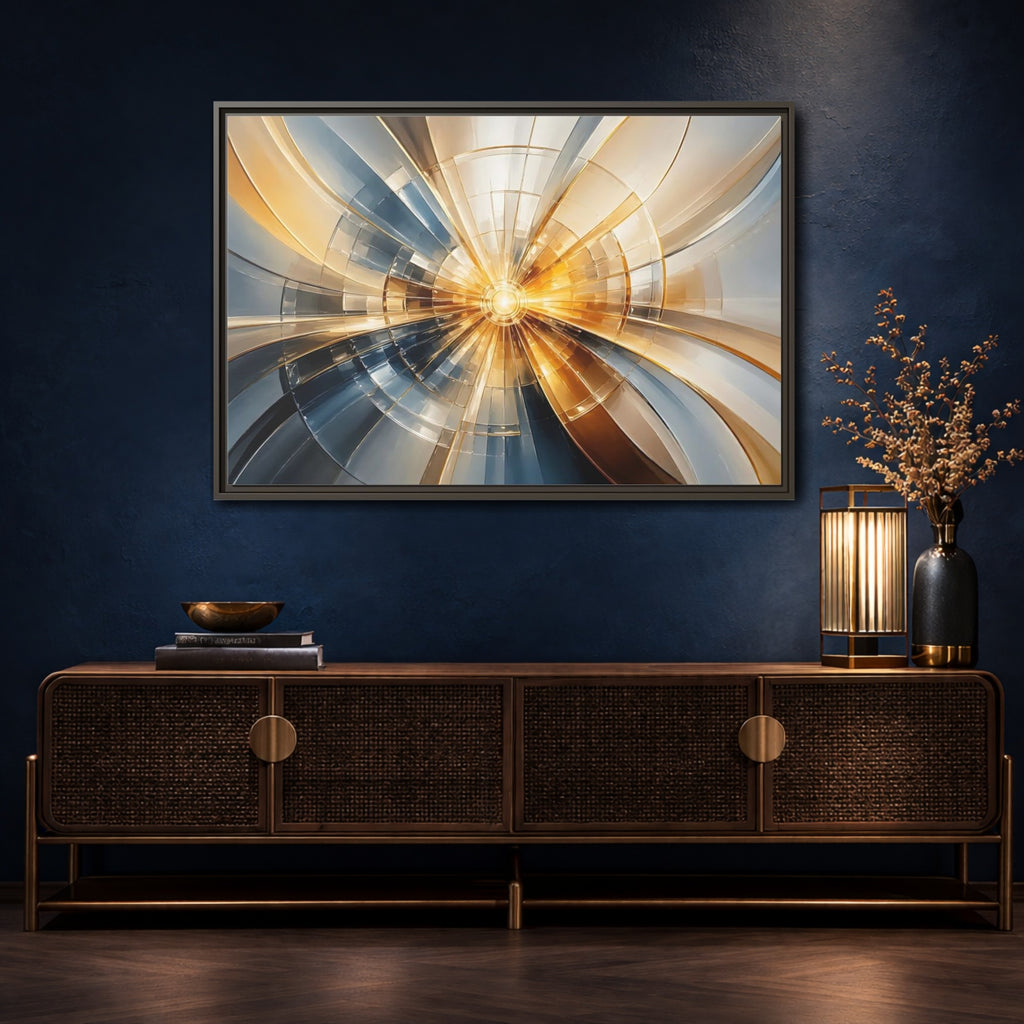 Mockup 4. Abstract Geometric Pattern Gold And Blue Abstract shown as stretched canvas wall art