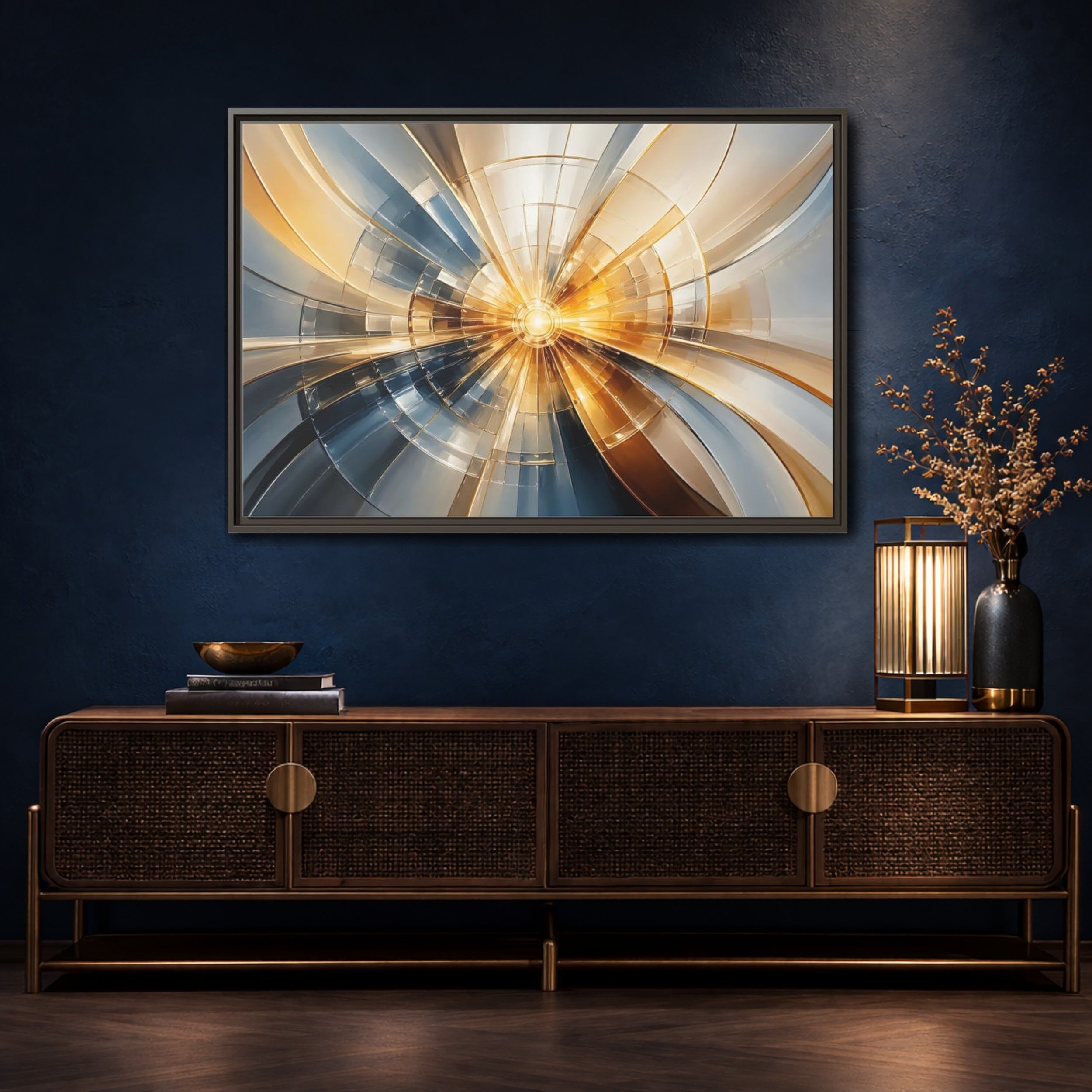 Mockup 4. Abstract Geometric Pattern Gold And Blue Abstract shown as stretched canvas wall art