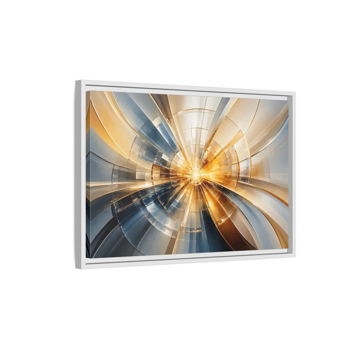 Side Mockup 1. Abstract Geometric Pattern Gold And Blue Abstract shown as stretched canvas wall art