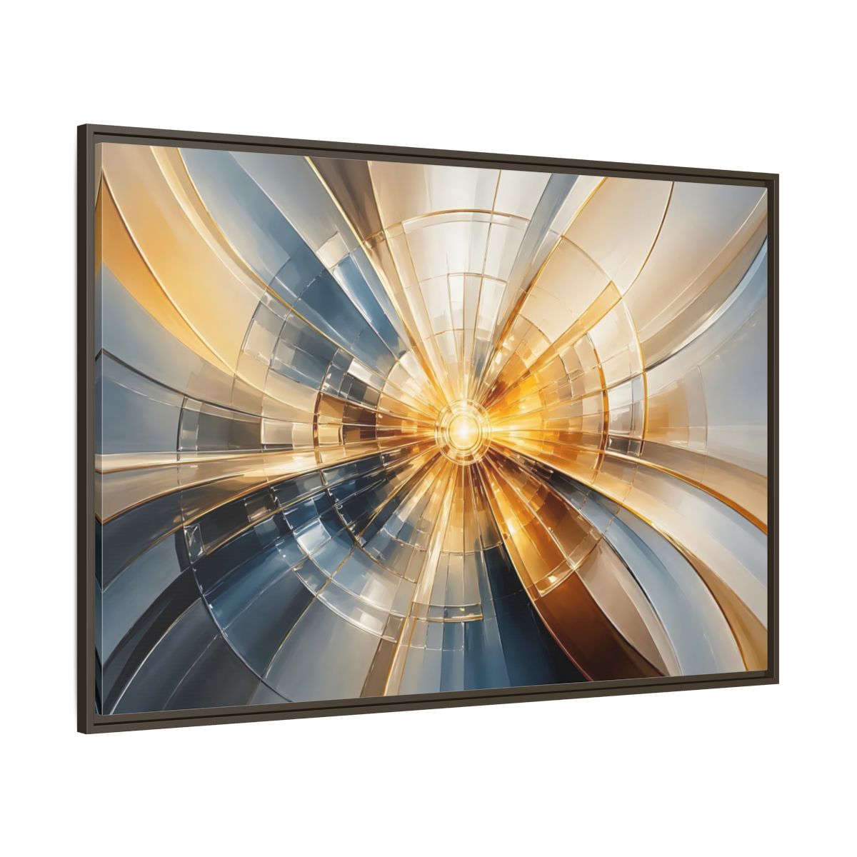 Side Mockup 8. Abstract Geometric Pattern Gold And Blue Abstract shown as stretched canvas wall art