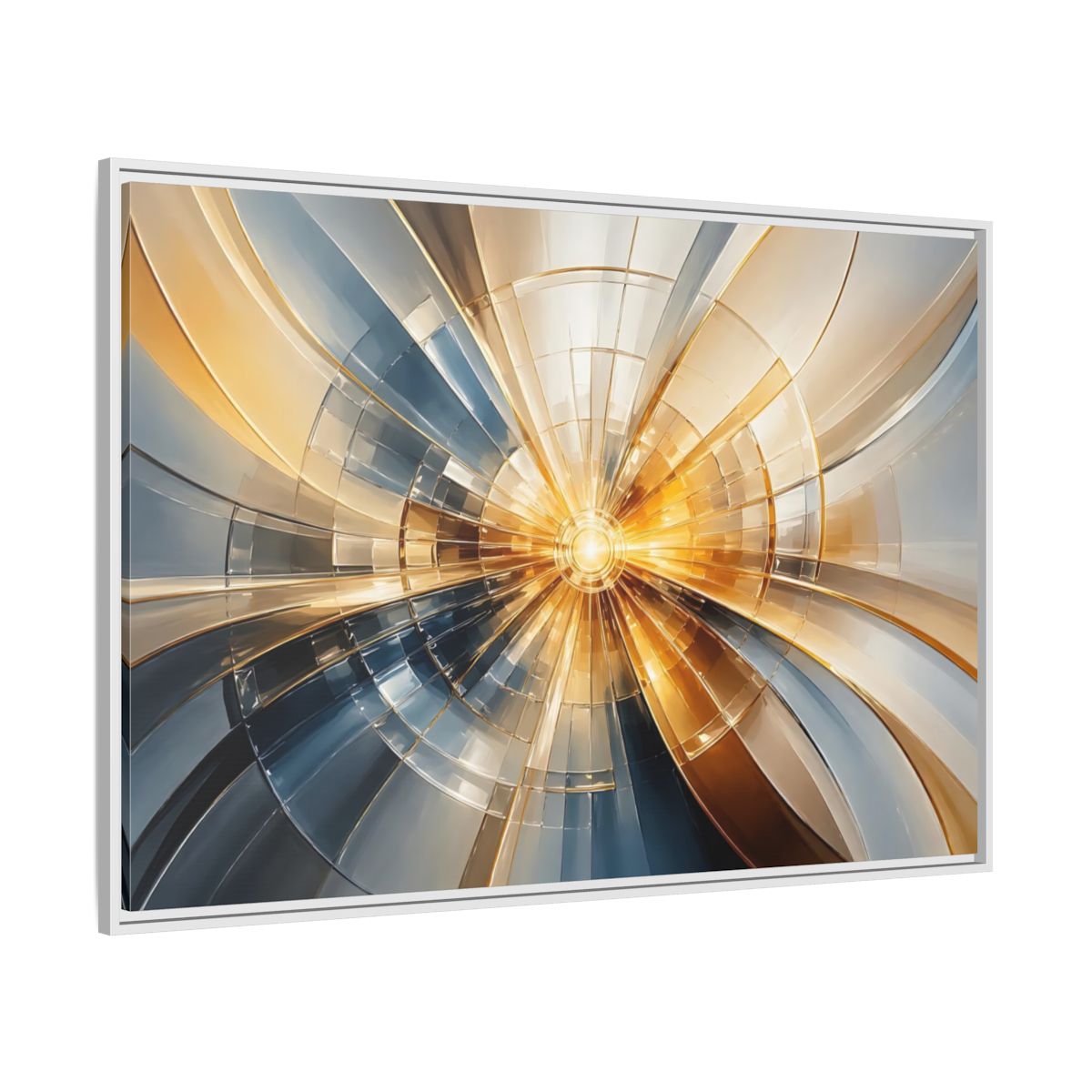 Side Mockup 7. Abstract Geometric Pattern Gold And Blue Abstract shown as stretched canvas wall art