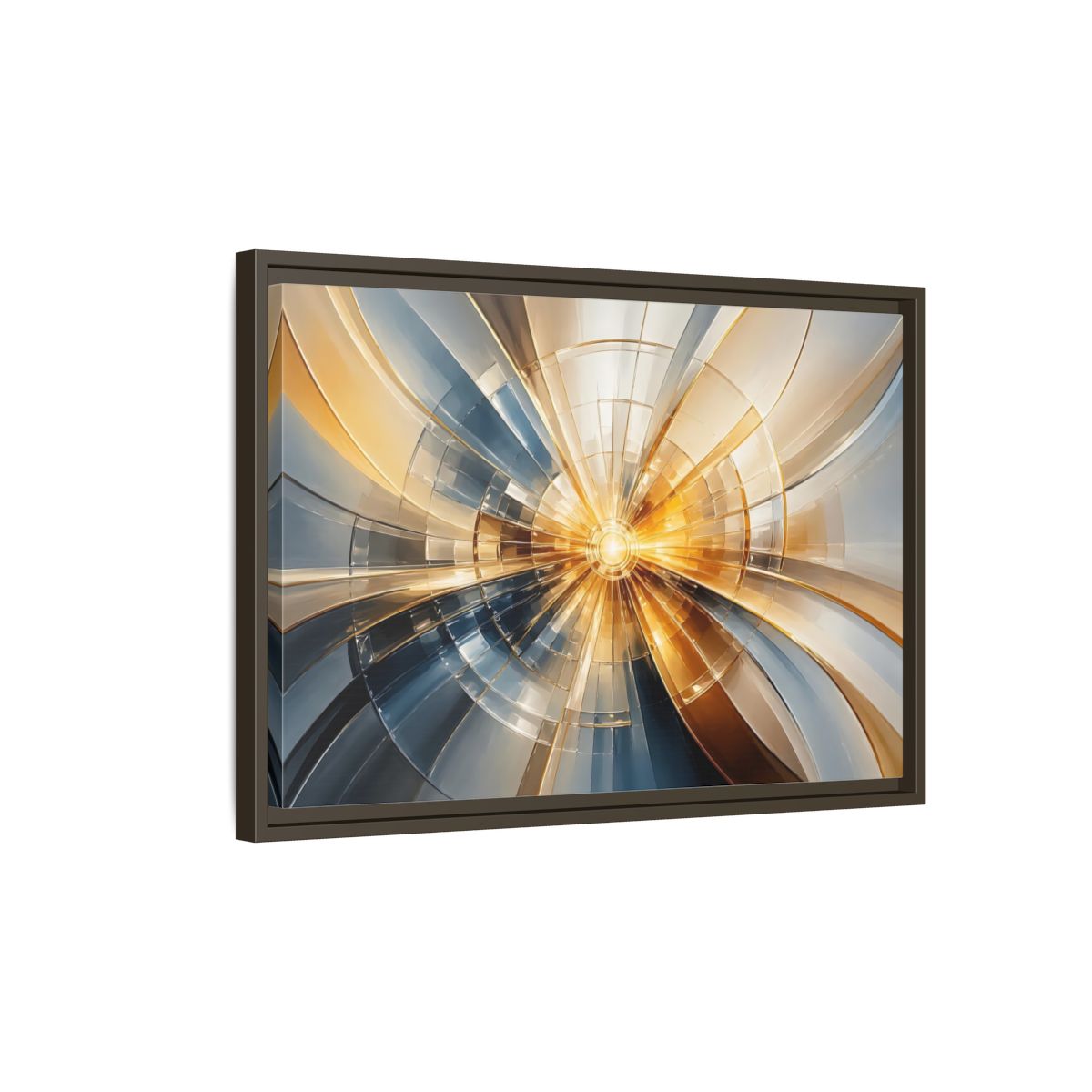 Side Mockup 2. Abstract Geometric Pattern Gold And Blue Abstract shown as stretched canvas wall art