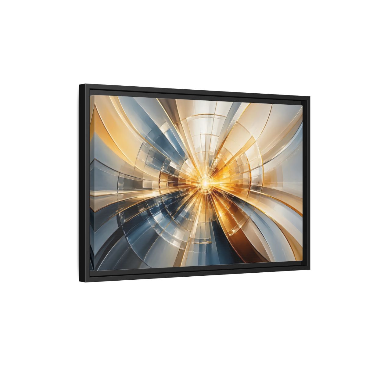 Side Mockup 3. Abstract Geometric Pattern Gold And Blue Abstract shown as stretched canvas wall art