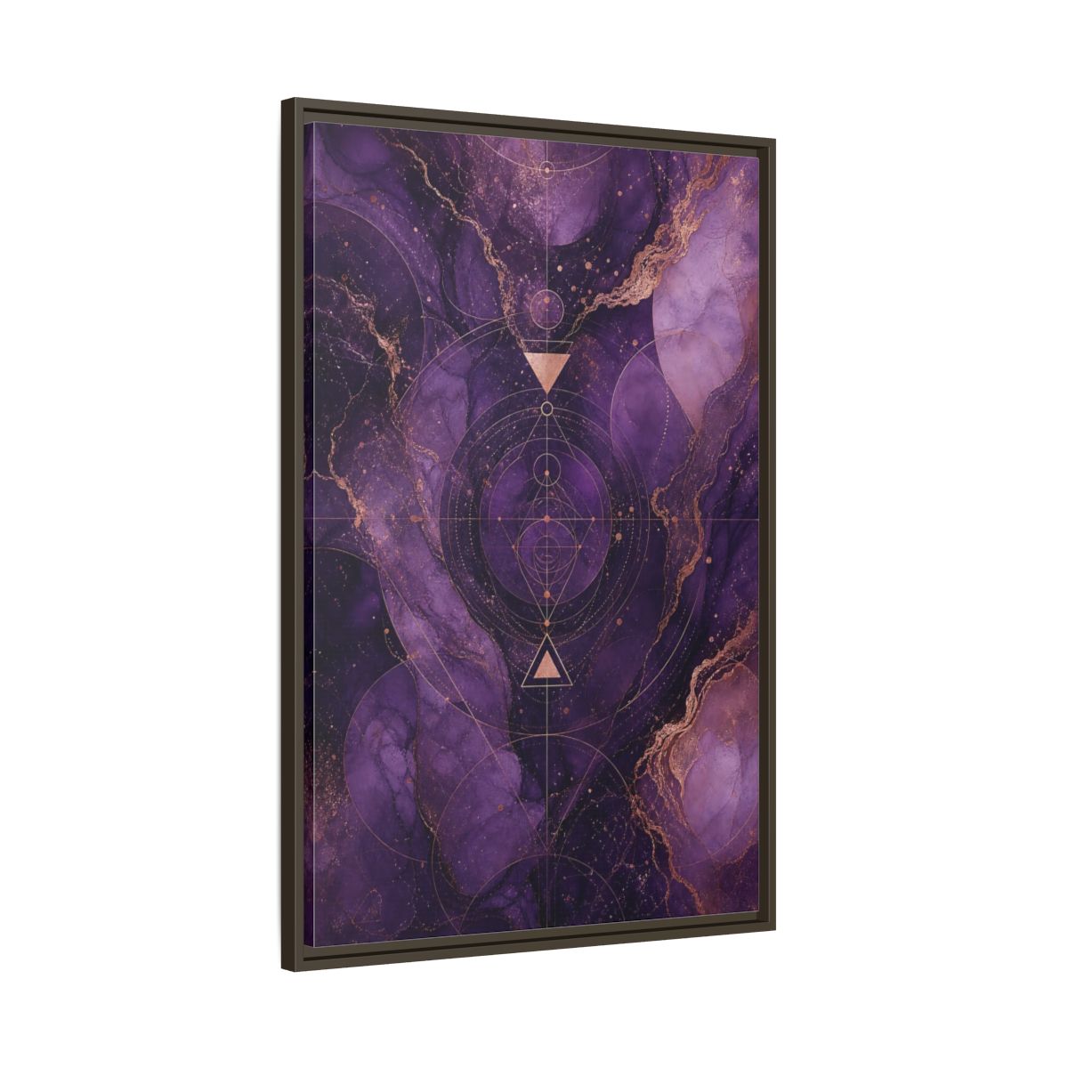 Main Mockup. Abstract Geometric Pattern Purple And Gold shown as stretched canvas wall art