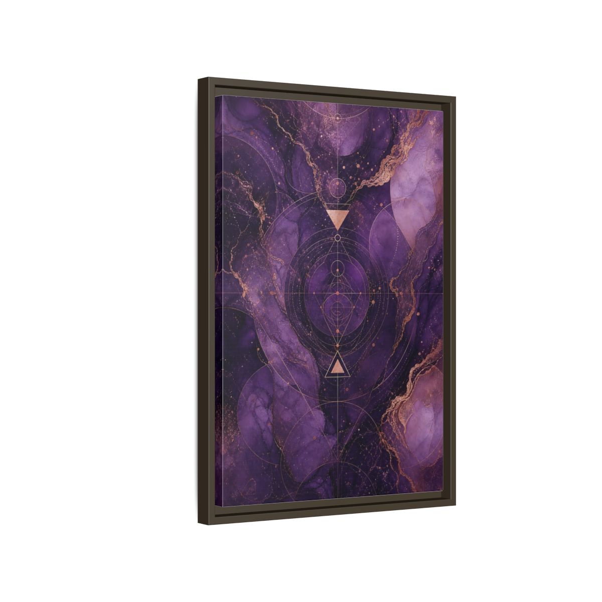 Side Mockup 2. Abstract Geometric Pattern Purple And Gold shown as stretched canvas wall art