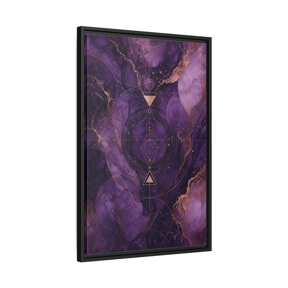 Side Mockup 14. Abstract Geometric Pattern Purple And Gold shown as stretched canvas wall art