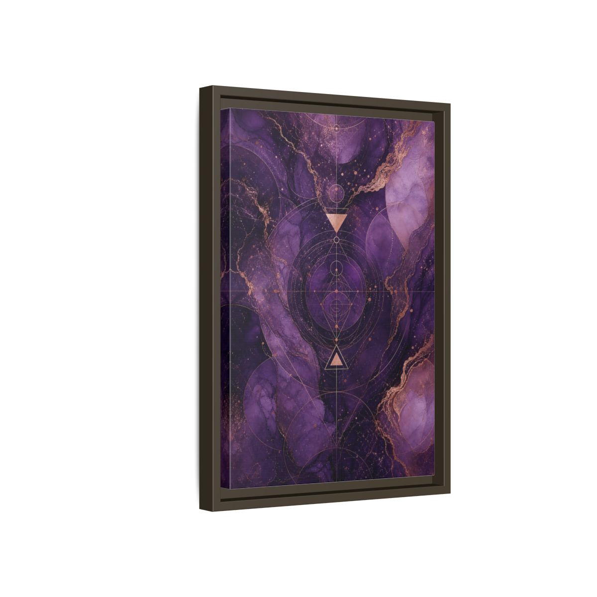 Side Mockup 5. Abstract Geometric Pattern Purple And Gold shown as stretched canvas wall art