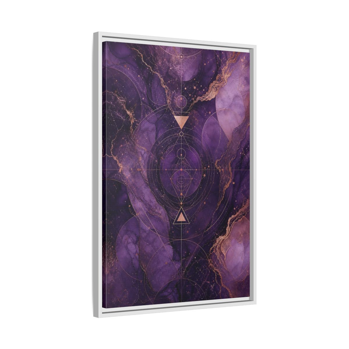 Side Mockup 10. Abstract Geometric Pattern Purple And Gold shown as stretched canvas wall art