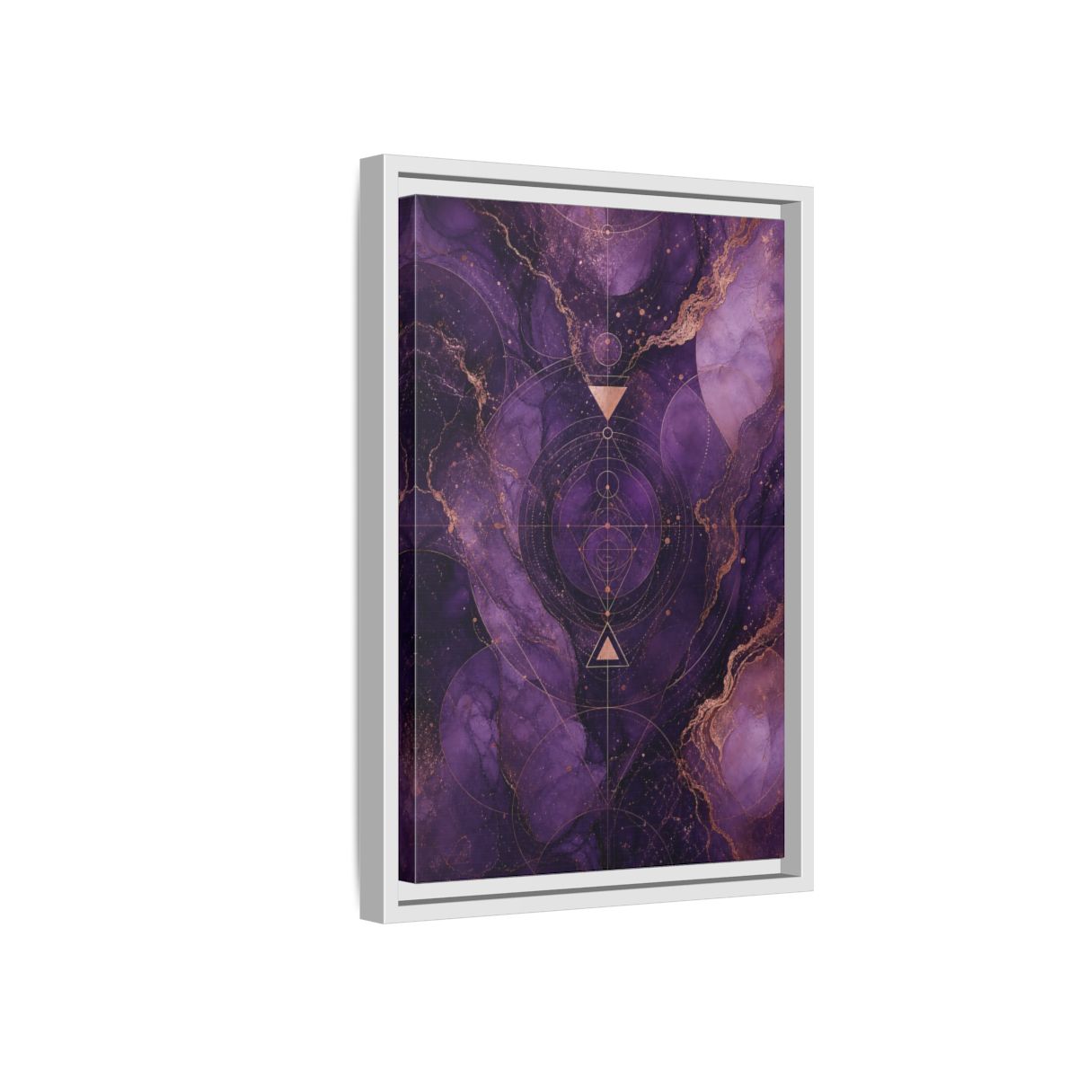 Side Mockup 4. Abstract Geometric Pattern Purple And Gold shown as stretched canvas wall art