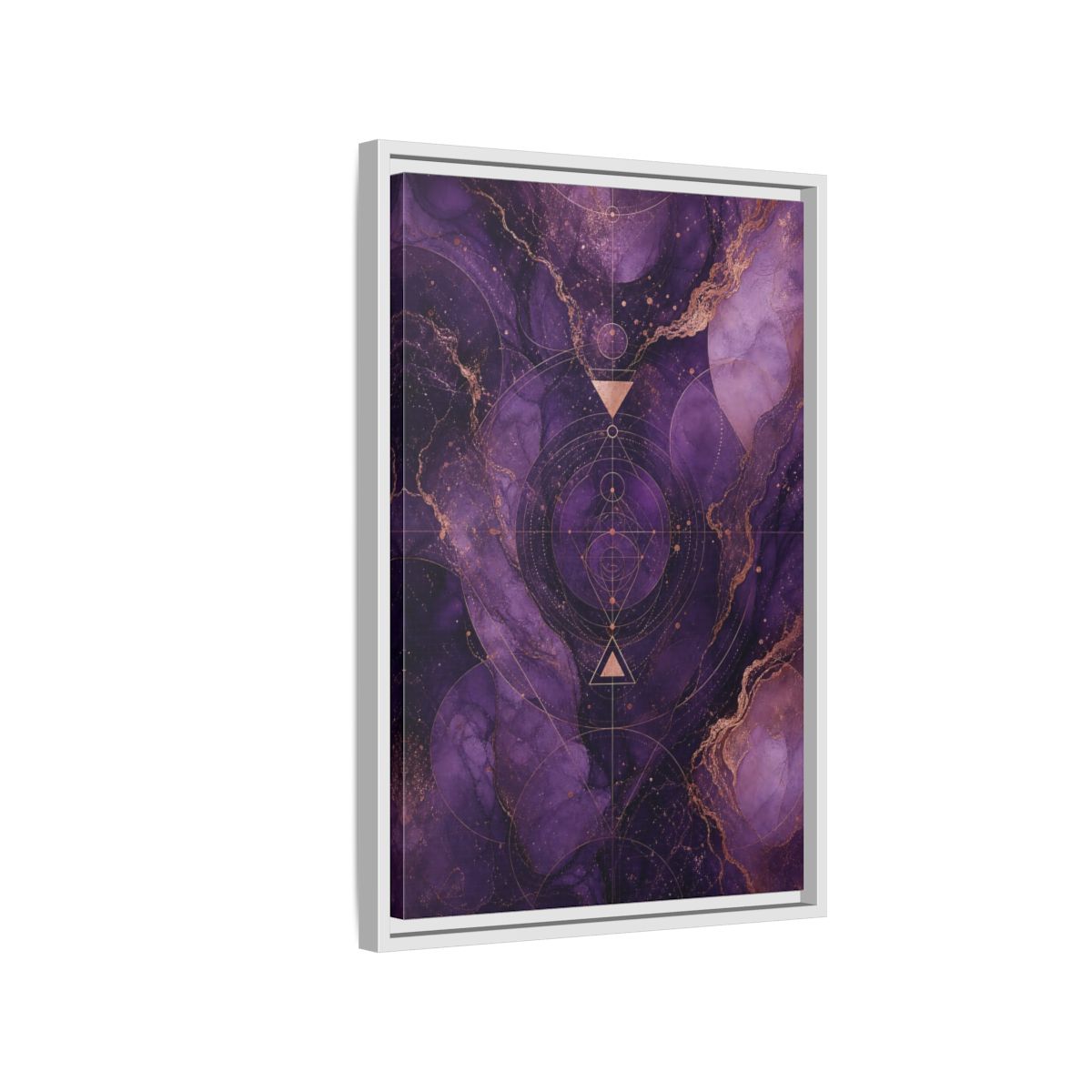 Side Mockup 1. Abstract Geometric Pattern Purple And Gold shown as stretched canvas wall art