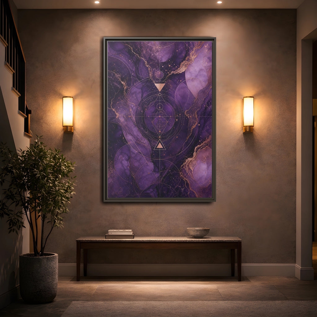 Mockup 2. Abstract Geometric Pattern Purple And Gold shown as stretched canvas wall art