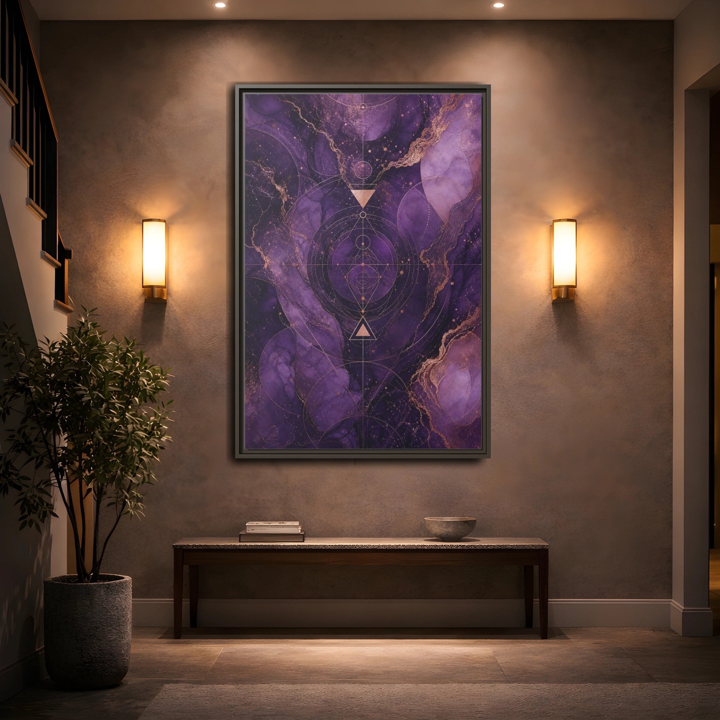 Mockup 2. Abstract Geometric Pattern Purple And Gold shown as stretched canvas wall art