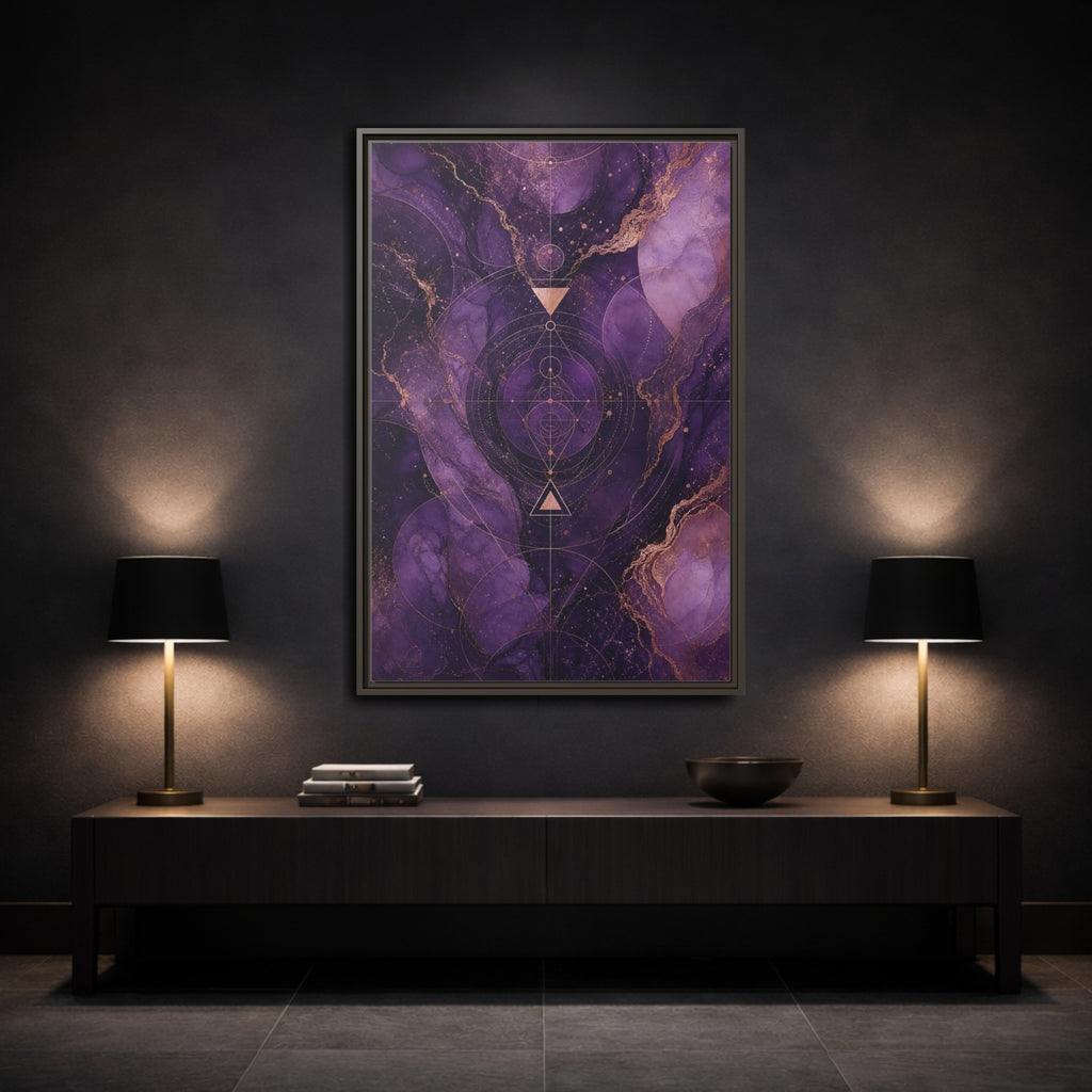 Mockup 3. Abstract Geometric Pattern Purple And Gold shown as stretched canvas wall art