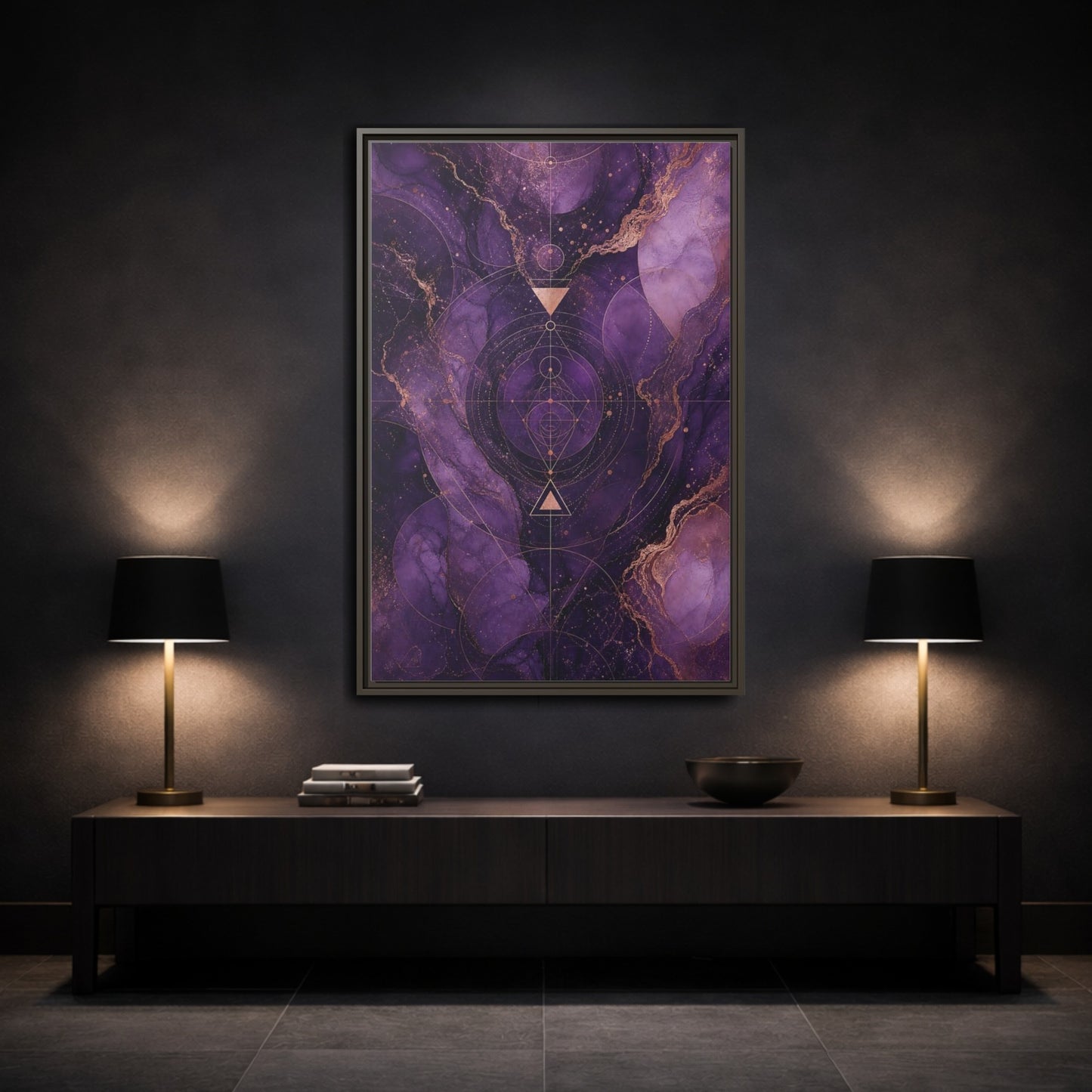 Mockup 3. Abstract Geometric Pattern Purple And Gold shown as stretched canvas wall art