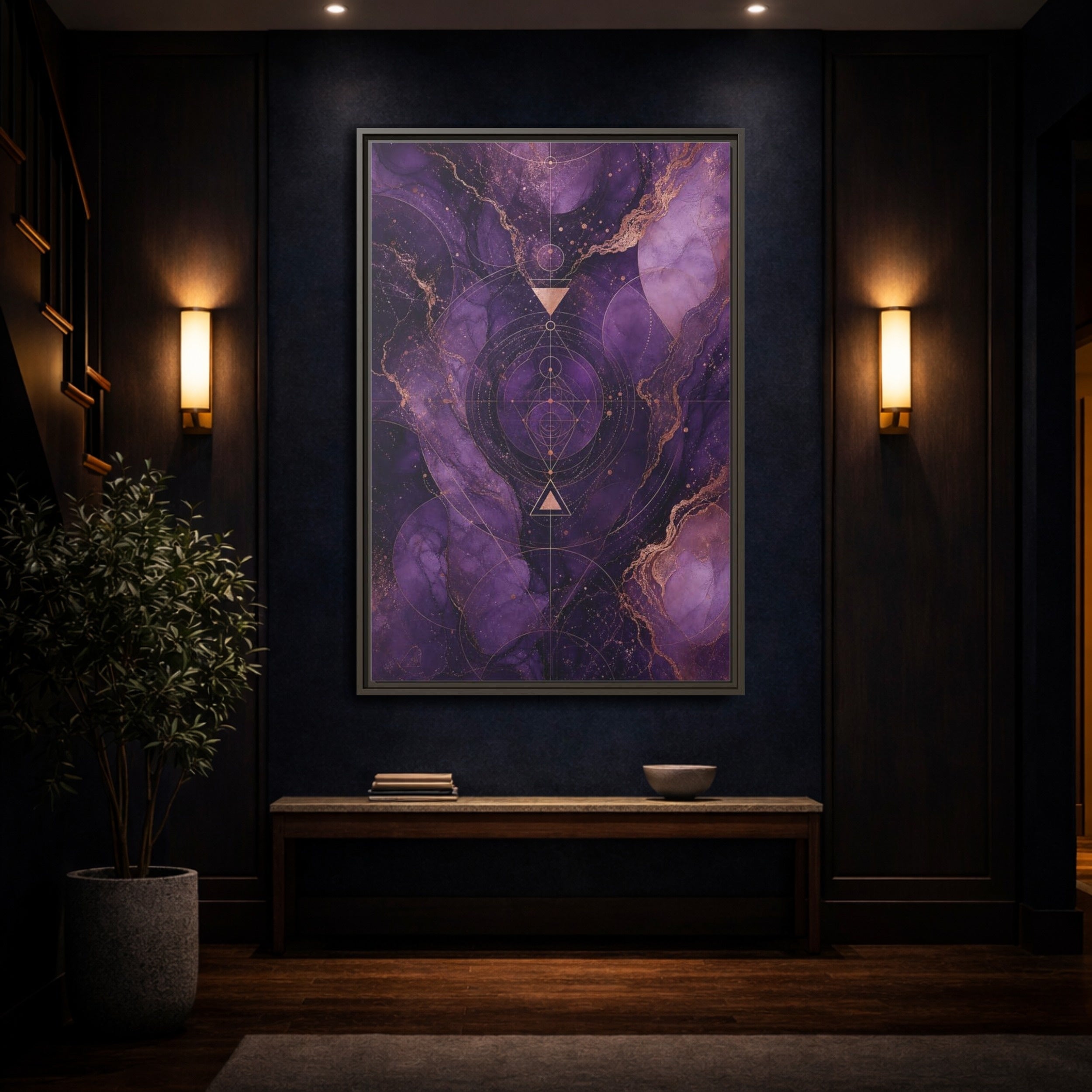 Mockup 4. Abstract Geometric Pattern Purple And Gold shown as stretched canvas wall art