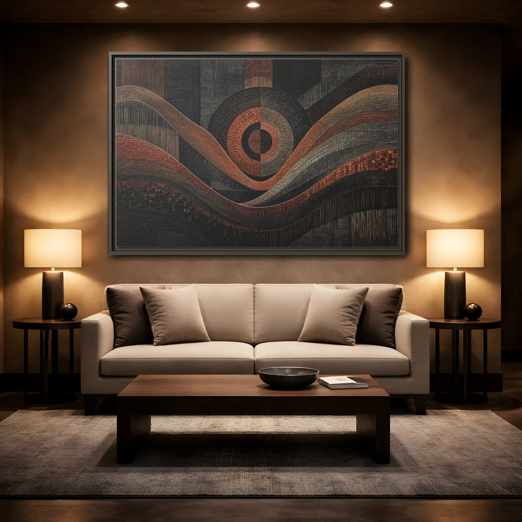 Mockup 2. Abstract Geometric Patterns Abstract Bronze Black shown as stretched canvas wall art