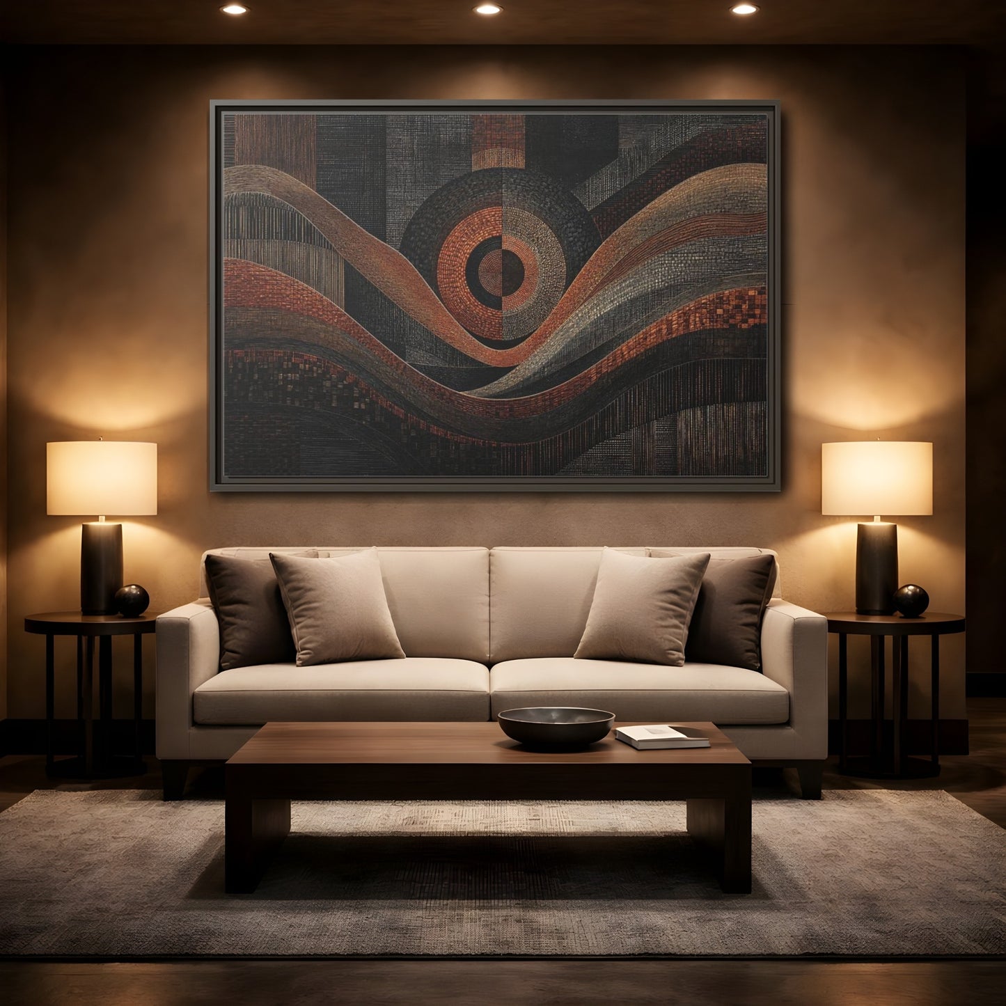 Mockup 2. Abstract Geometric Patterns Abstract Bronze Black shown as stretched canvas wall art
