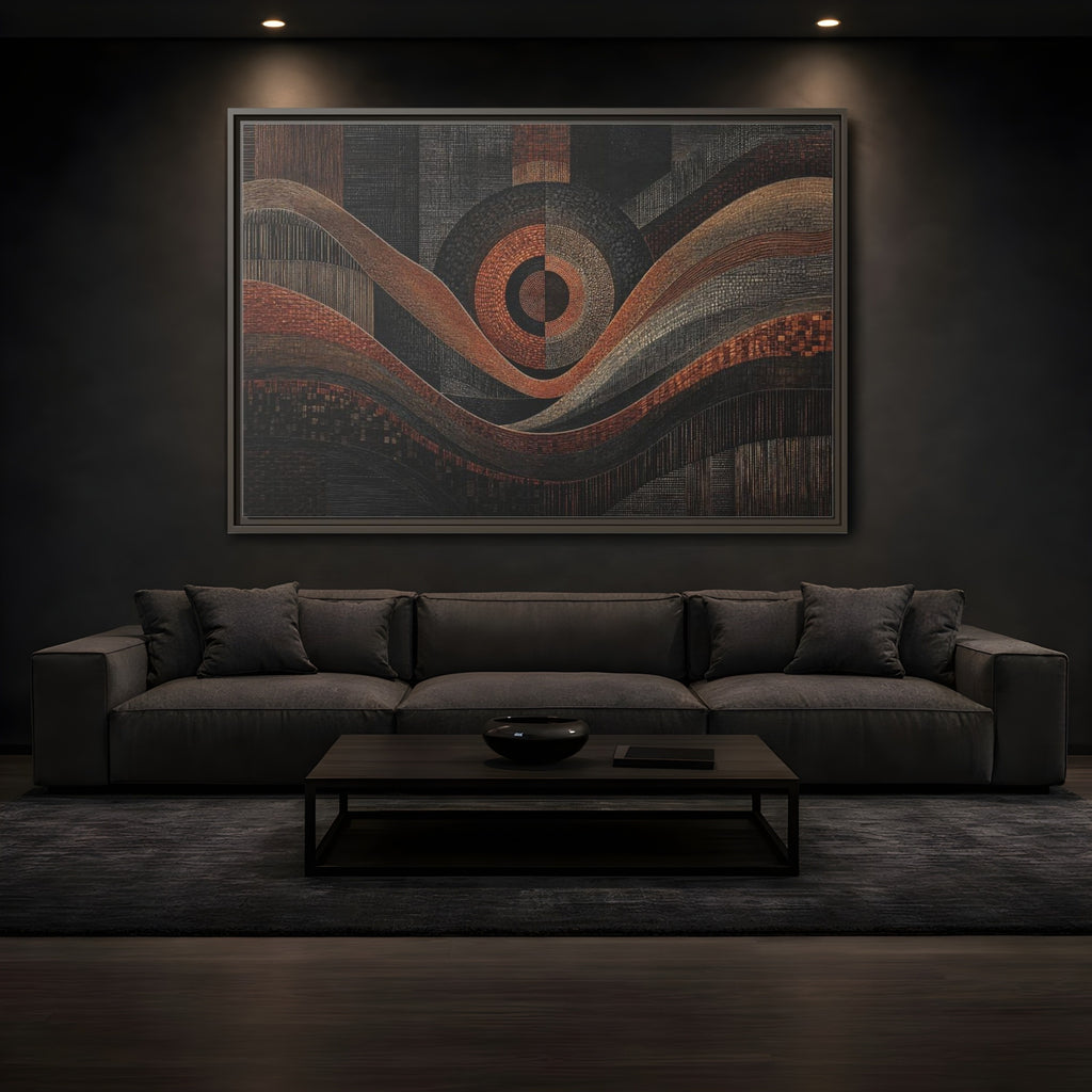 Mockup 3. Abstract Geometric Patterns Abstract Bronze Black shown as stretched canvas wall art