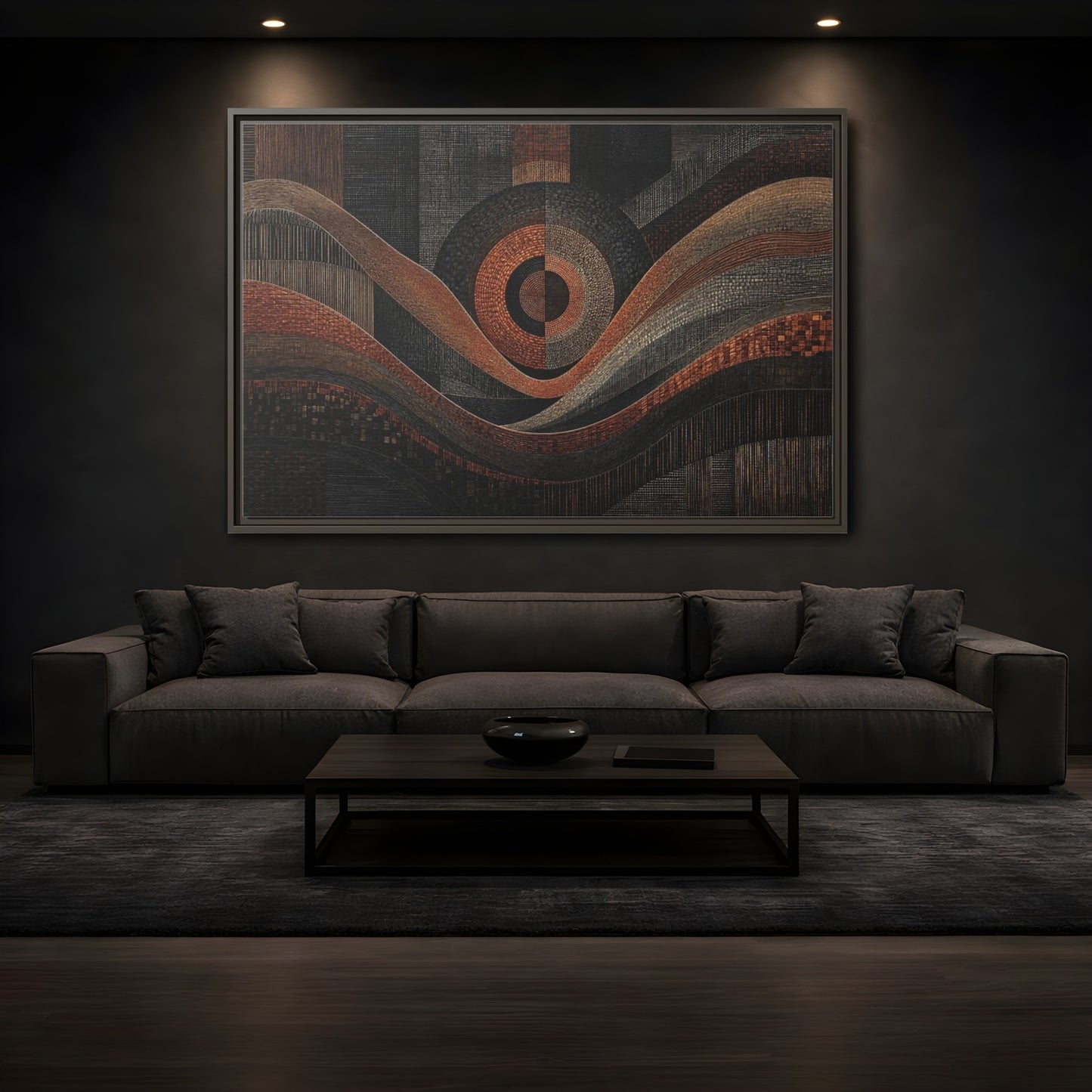 Mockup 3. Abstract Geometric Patterns Abstract Bronze Black shown as stretched canvas wall art