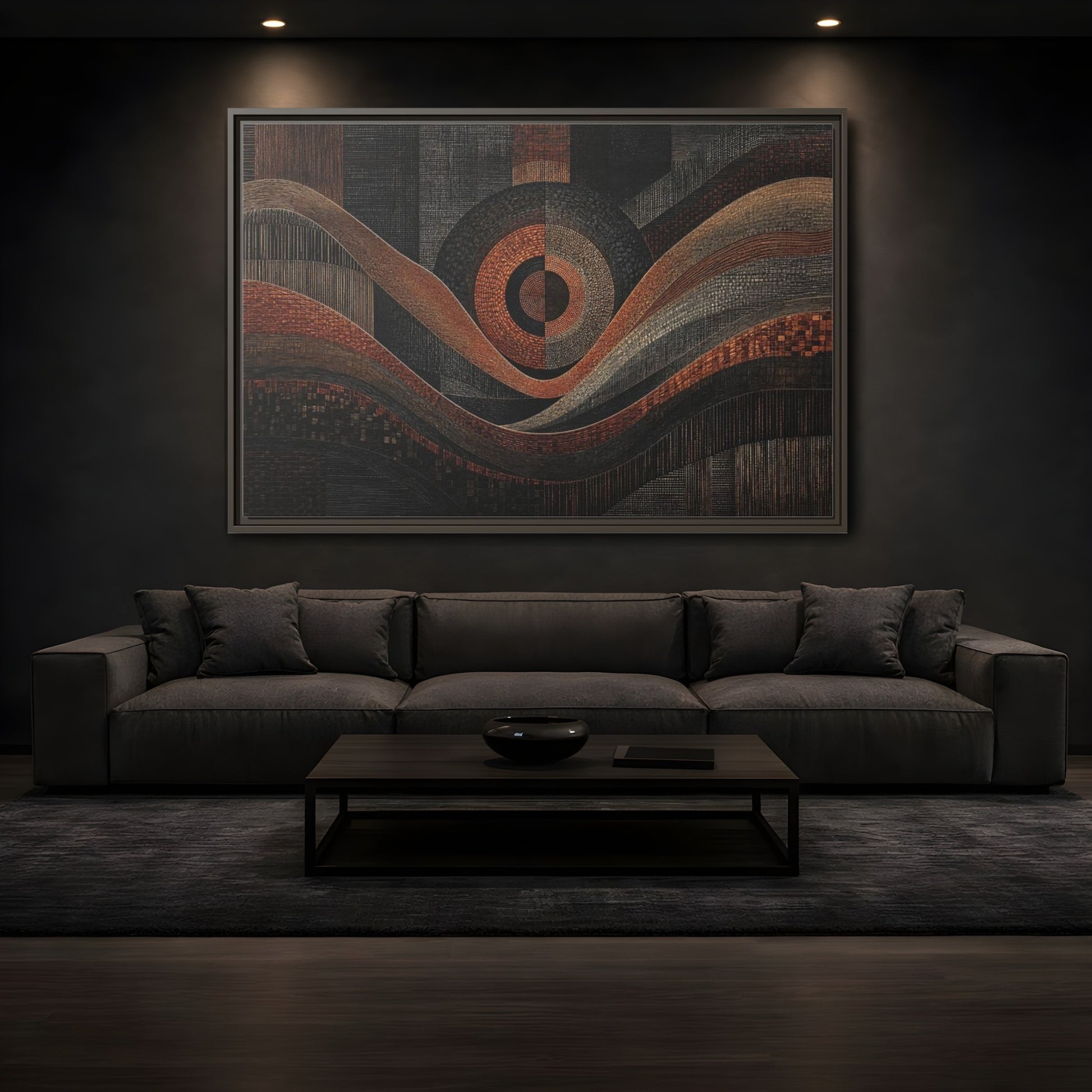Mockup 3. Abstract Geometric Patterns Abstract Bronze Black shown as stretched canvas wall art