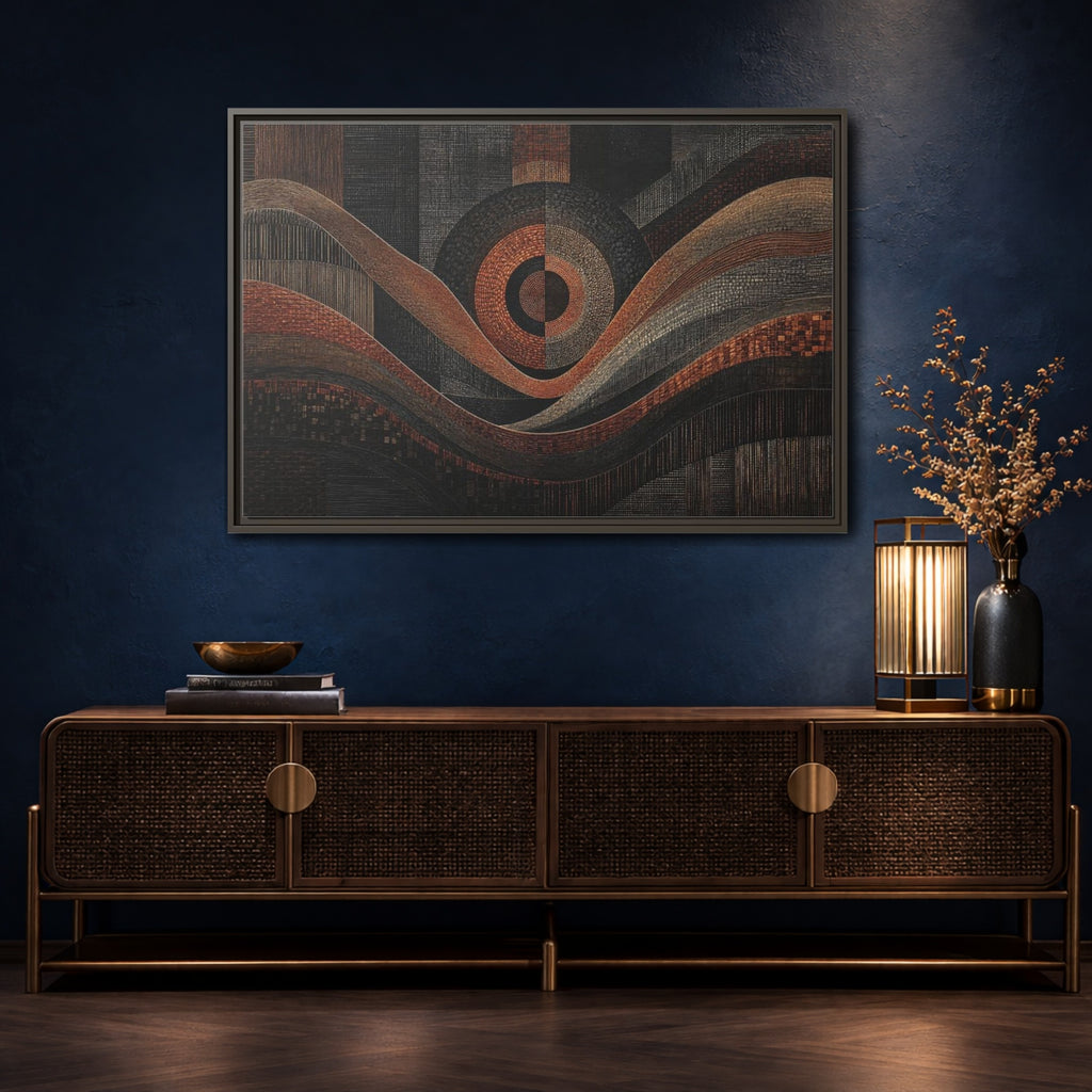 Mockup 4. Abstract Geometric Patterns Abstract Bronze Black shown as stretched canvas wall art