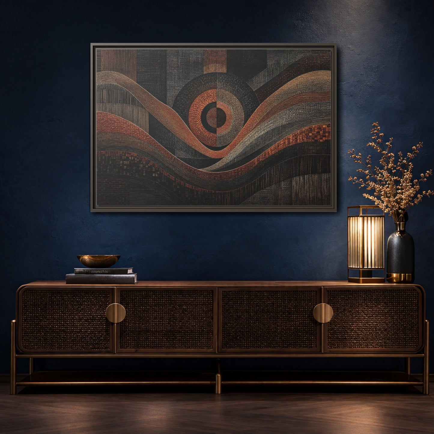 Mockup 4. Abstract Geometric Patterns Abstract Bronze Black shown as stretched canvas wall art