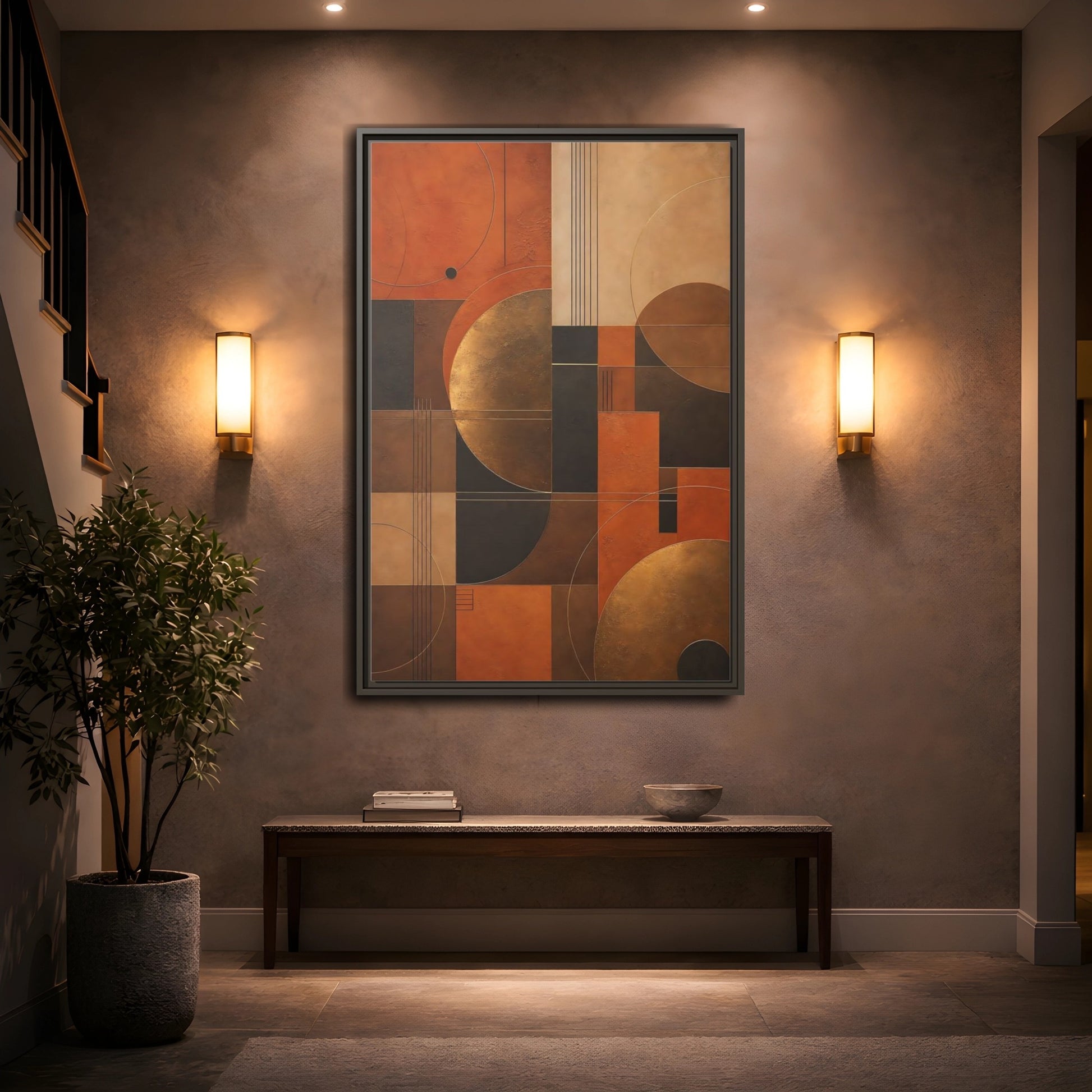 Mockup 2. Abstract Geometric Shapes Abstract Terracotta Gold shown as stretched canvas wall art