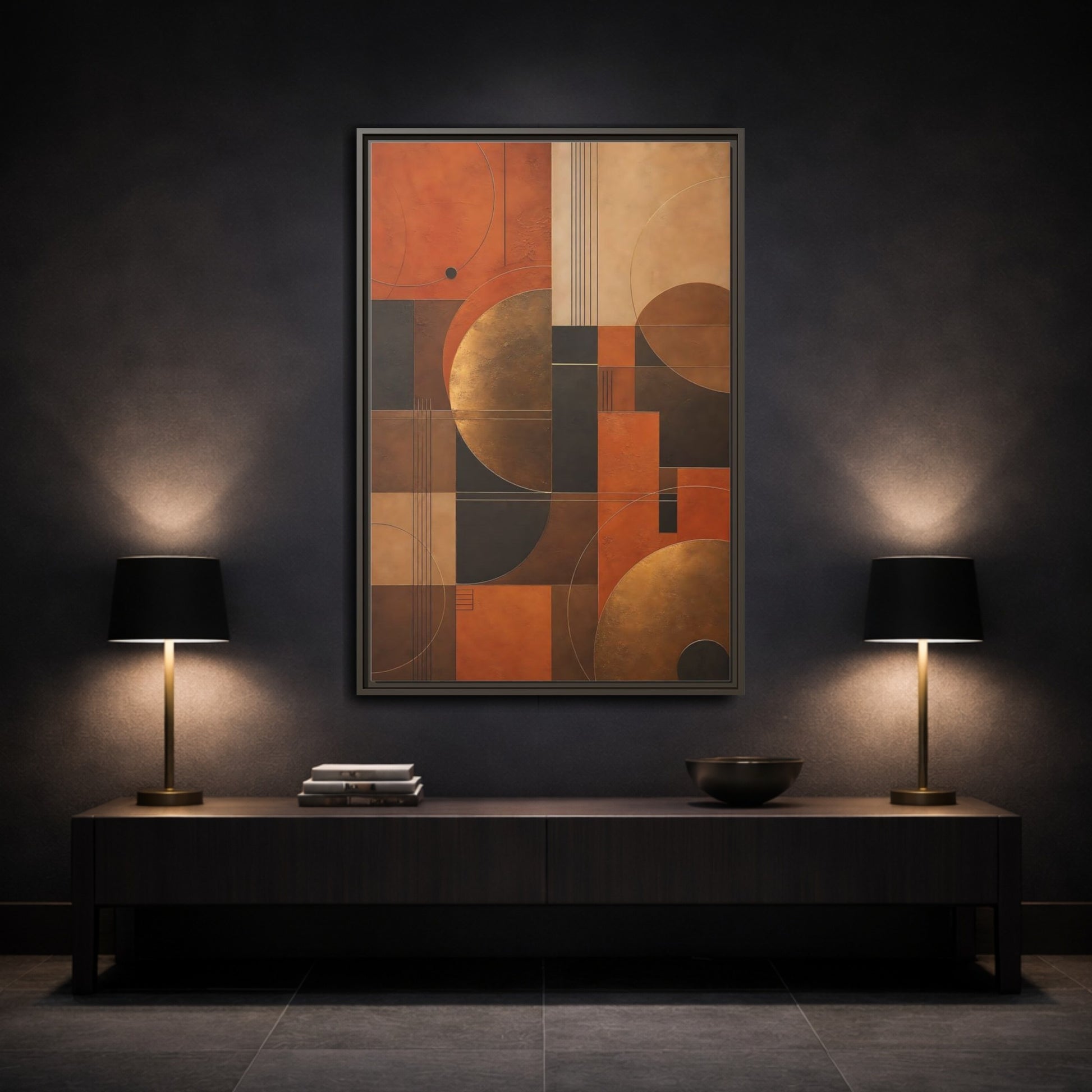 Mockup 3. Abstract Geometric Shapes Abstract Terracotta Gold shown as stretched canvas wall art