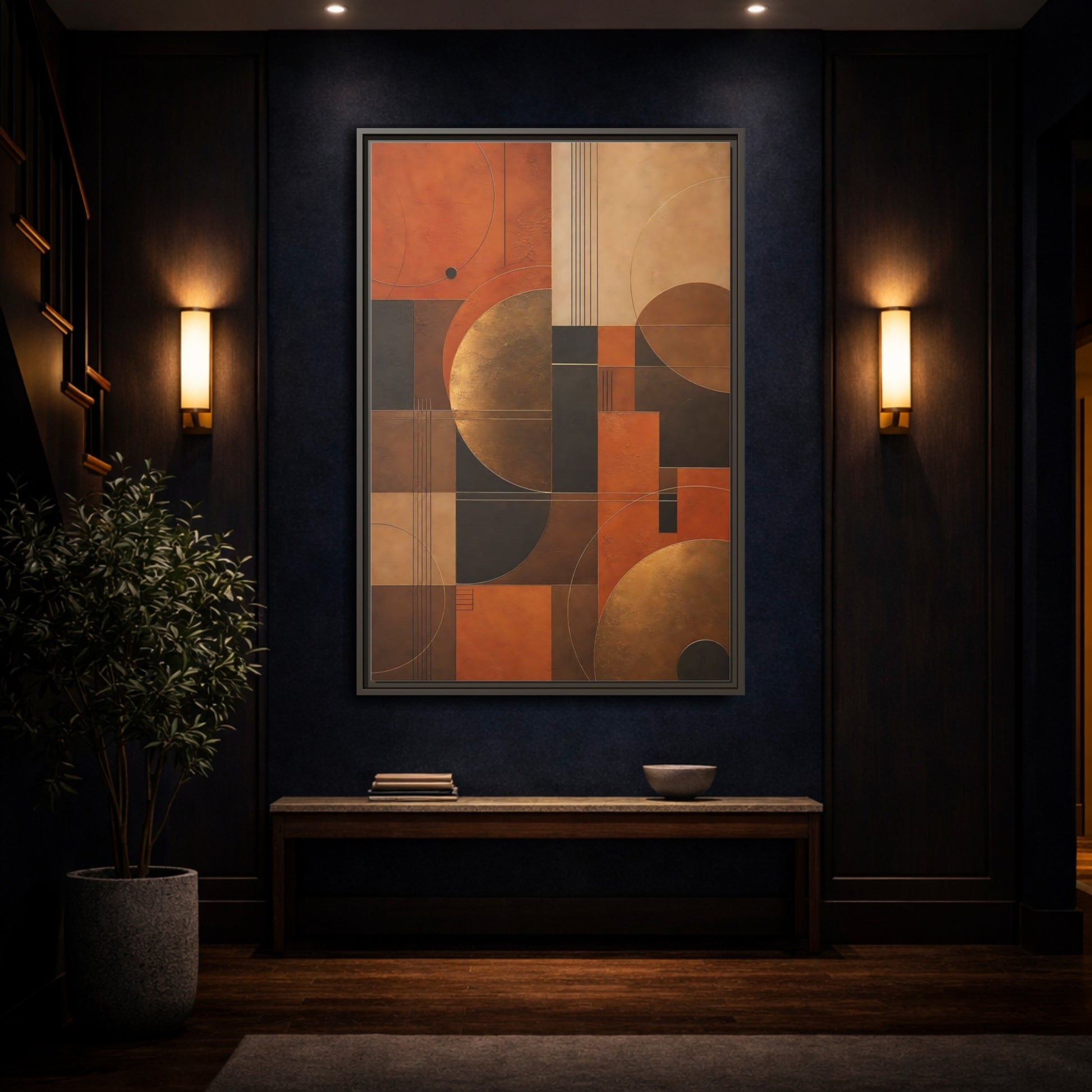 Mockup 4. Abstract Geometric Shapes Abstract Terracotta Gold shown as stretched canvas wall art