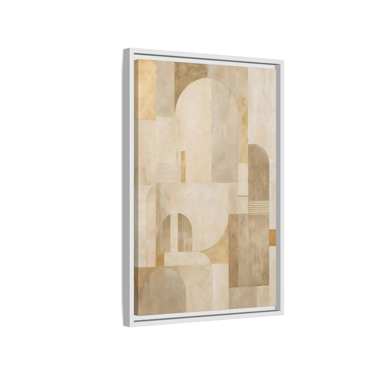 Side Mockup 1. Abstract Geometric Shapes Beige And Gold shown as stretched canvas wall art